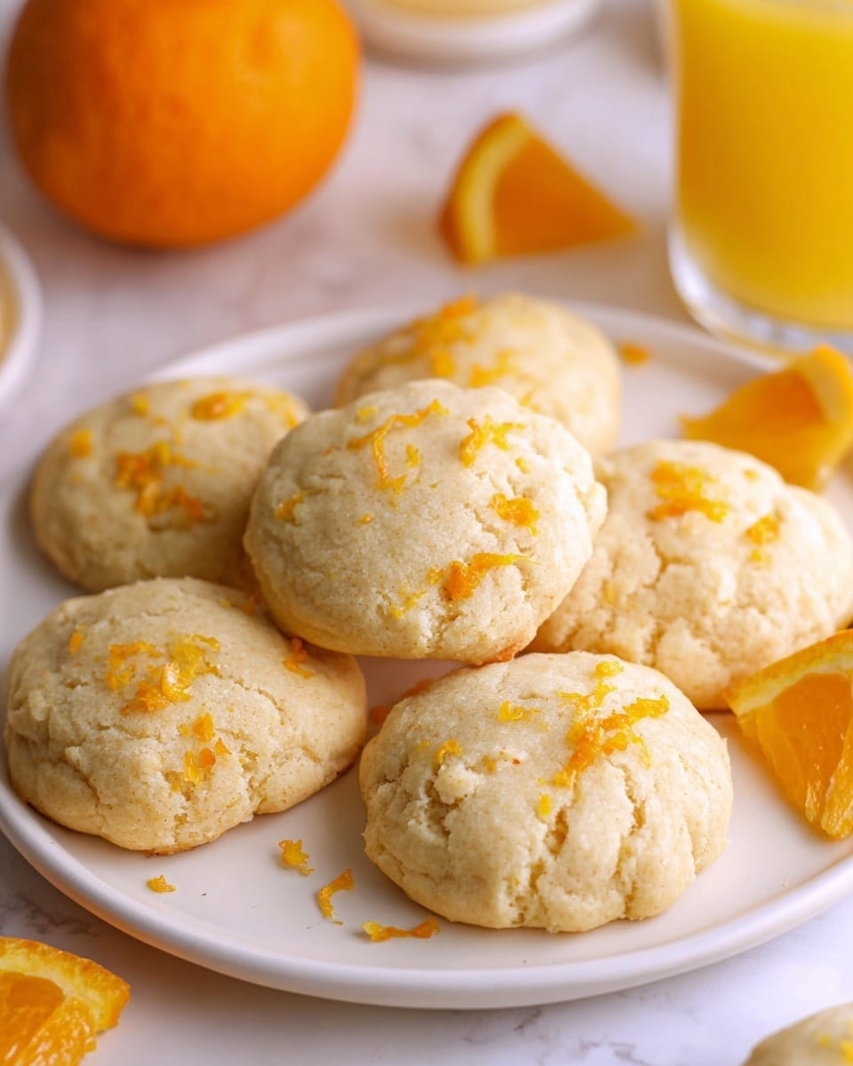 The image shows a white plate with six soft, round cookies topped with small bits of bright orange zest scattered unevenly on each cookie. The cookies are light beige in color and have a slightly rough, doughy texture with small cracks and folds on their surfaces. Around the plate, there are a few triangular slices of bright orange fruit adding a fresh color contrast. In the background, a glass of orange juice and a whole orange are slightly blurred. The scene sits on a white marbled surface. photo taken with an iphone --ar 4:5 --v 7