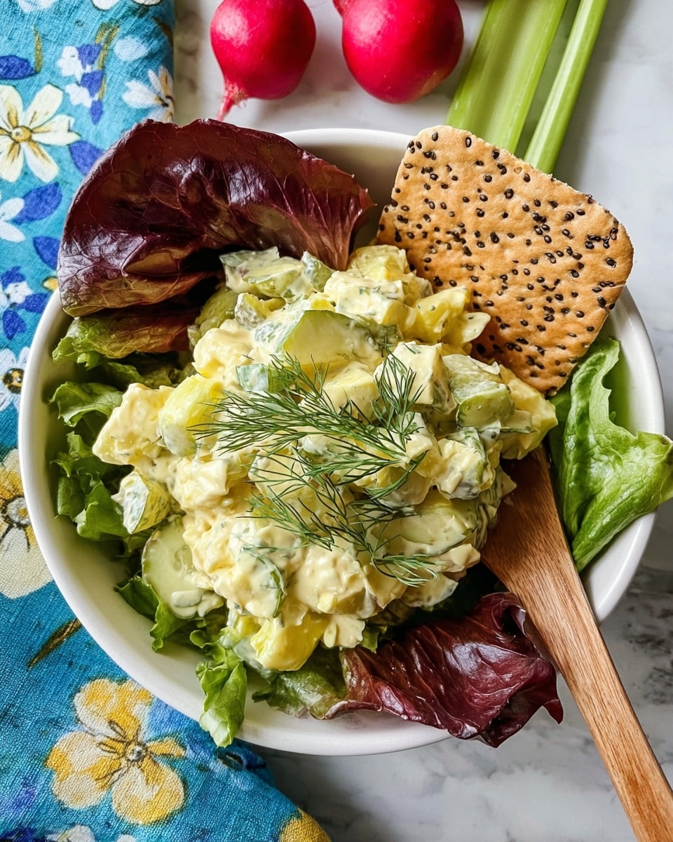 A white bowl sits on a white marbled surface filled with a three-layer salad arrangement. The base layer is made of green and reddish lettuce leaves that fill the bowl. On top rests a creamy yellow potato salad mixed with green pickle pieces and small bits of onion, giving a chunky texture. Garnishing this mound are fresh sprigs of green dill. Two red radishes are placed at the back of the bowl for color contrast. On one side, a green celery stick stands upright, holding a large, crispy cracker speckled with black and white seeds. A wooden spoon lies inside the bowl on the right side, partially under the salad. Near the bowl, a blue cloth with white and yellow flower patterns adds a lively touch. Photo taken with an iphone --ar 4:5 --v 7