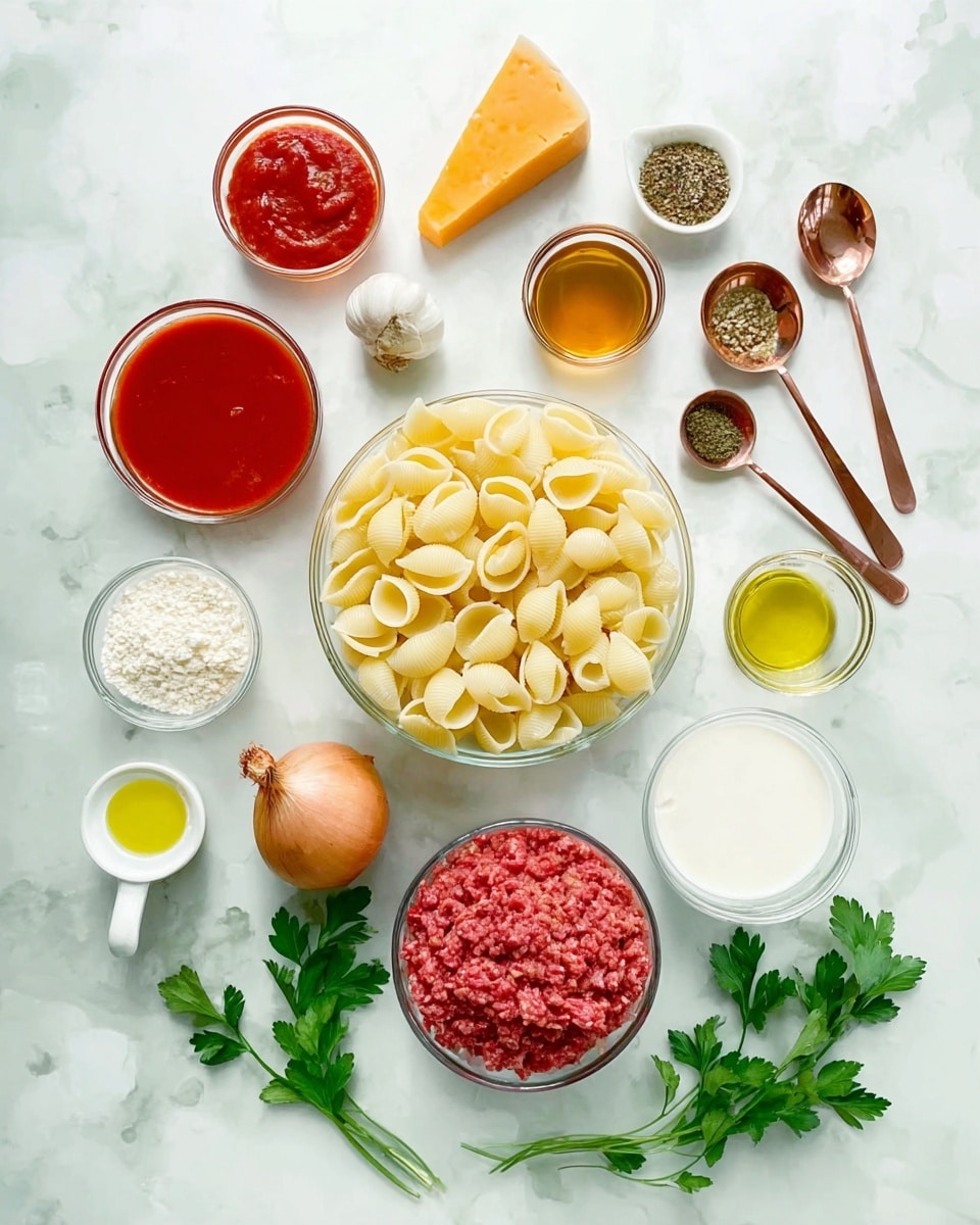 The image shows ingredients arranged neatly on a white marbled surface. At the center, there is a clear glass bowl filled with uncooked shell pasta, pale yellow in color and layered thick. Surrounding it, clockwise from the top left, a small glass bowl with smooth, bright red tomato sauce, a chunk of orange cheese, a glass bowl with light brown broth, and five copper measuring spoons holding different dry herbs and spices in shades of green, red, black, and brown. Below these, there is a small glass bowl with finely minced garlic, a whole brown onion, and fresh green parsley leaves scattered around. Near the bottom, a white measuring cup with olive oil, a small white bowl with white flour, a head of garlic, a small glass bowl with ground meat in deep red color, and a glass bowl with white creamy liquid complete the setup. The arrangement is clean and visually balanced, with ingredients showing varied textures like smooth, granular, and leafy. Photo taken with an iphone --ar 4:5 --v 7