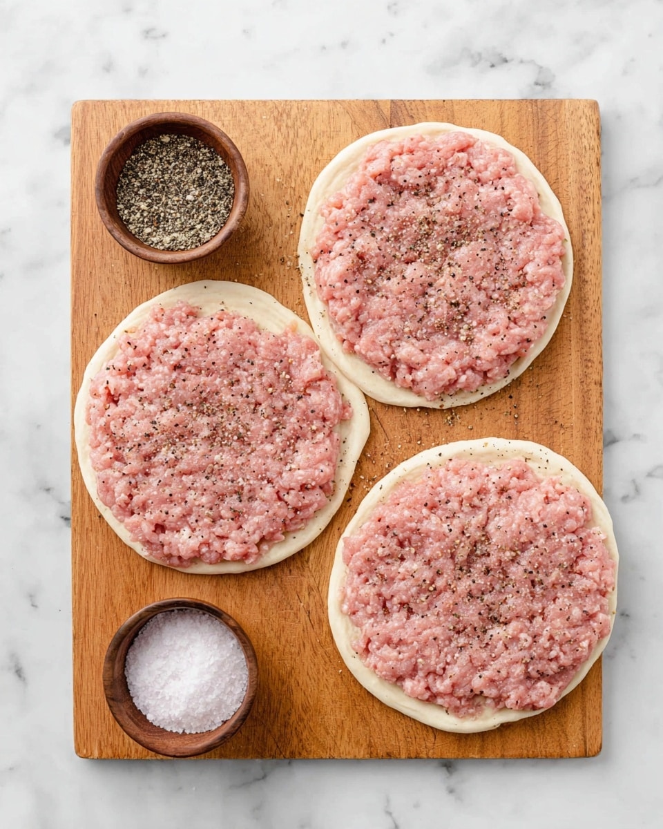 Three round flat dough pieces lie on a wooden cutting board with a white marbled surface underneath. Each dough piece has an even layer of raw ground meat spread on top, light pink in color with some white fat mixed in, sprinkled with black pepper. To the left of the dough pieces, there are two small wooden bowls—one contains coarse black pepper, the other coarse white salt. The overall look is clean and simple. Photo taken with an iphone --ar 4:5 --v 7