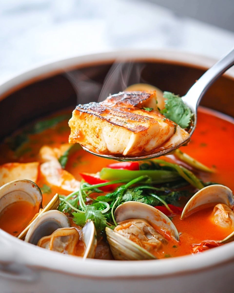 A close-up of a brown clay pot filled with bright orange-red broth layered with white fish slices that have a light seasoning, green leafy herbs placed on top, green stalk vegetables, red chili slices, white tofu cubes, and opened clam shells. The broth looks rich with bits of spices floating inside. The pot is on a white marbled surface. Photo taken with an iphone --ar 4:5 --v 7