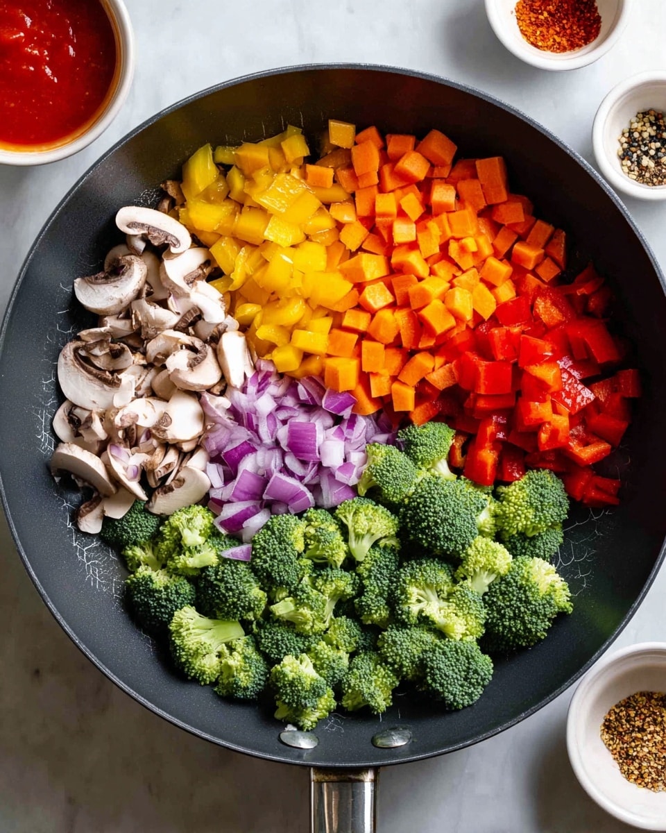 A close-up top view of a black frying pan filled with seven layers of different chopped vegetables arranged in separate sections: bright green broccoli florets on the right, small orange diced carrots in the center, yellow bell pepper pieces on top, red bell pepper pieces on the upper left, pale brown sliced mushrooms on the lower left, purple diced onions at the bottom, and a small piece of red bell pepper mixed with the carrots. The pan sits on a white marbled surface with small white bowls containing dry spices placed to the right and a white bowl with bright red sauce in the upper left corner. photo taken with an iphone --ar 4:5 --v 7