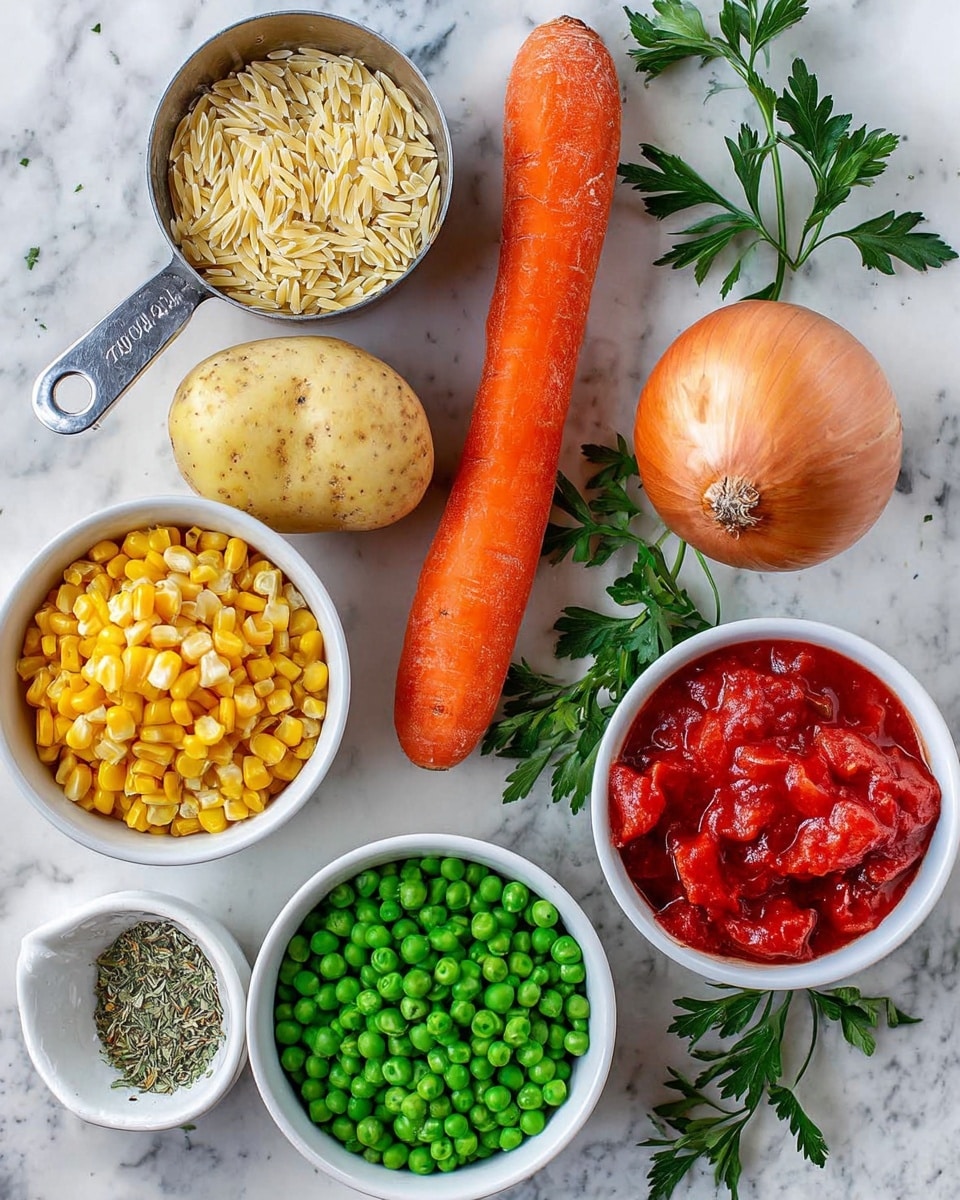 The image shows several fresh ingredients placed on a white marbled surface. In the center, there is a large yellow potato and a whole orange onion. To the left of the potato, there is a whole garlic bulb and a metal measuring cup filled with dry orzo pasta. Below the garlic and orzo is a long orange carrot, with sprigs of green parsley scattered around. On the right side of the potato, there is a white bowl filled with red diced tomatoes in sauce. Below the bowl of tomatoes, there is another white bowl filled with green frozen peas, and next to it on the left, a white bowl with yellow corn kernels. In the bottom left corner, there is a small white dish containing a mix of green dried herbs. The colors are fresh and natural, and the ingredients are neatly arranged with no overlap photo taken with an iphone --ar 4:5 --v 7