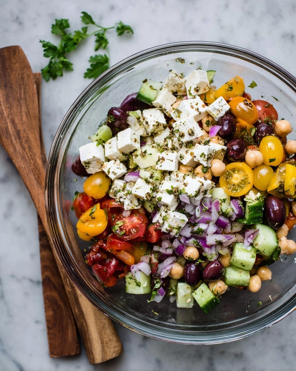 A clear glass bowl sits on a white marbled surface, filled with a colorful mix of salad ingredients. The salad has layers including small white cubes of cheese sprinkled with herbs, bright yellow and red cherry tomato halves, dark purple olives, chopped light green cucumber slices, small tan chickpeas, and fine pieces of red onion scattered throughout. Bits of fresh green parsley leaf are mixed in and some are on the surface nearby. Two wooden salad utensils rest next to the bowl. The mix of textures is fresh and vibrant with a clear view through the glass bowl. photo taken with an iphone --ar 4:5 --v 7