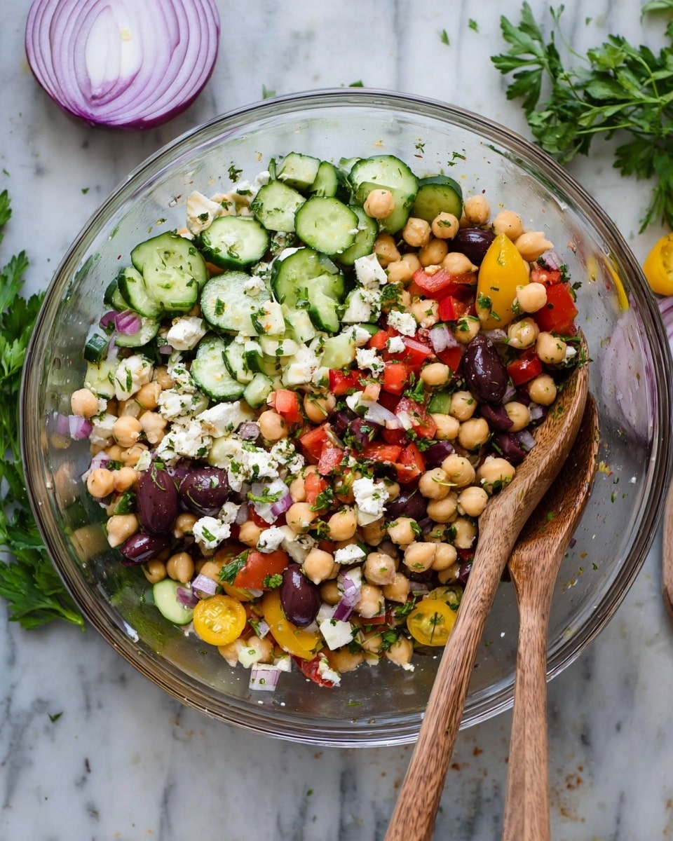 A clear glass bowl contains a colorful salad with chickpeas as the main layer, creamy white cubes of cheese scattered throughout, and bright green cucumber slices cut into half-moons layered evenly across. There are pieces of red bell pepper and dark purple olives mixed in, with small yellow and red cherry tomato halves adding more color. The salad looks fresh with flecks of green herbs sprinkled on top. Two wooden salad spoons rest in the bowl from the right side. The bowl sits on a white marbled surface with some parsley leaves and a sliced red onion nearby, photo taken with an iphone --ar 4:5 --v 7