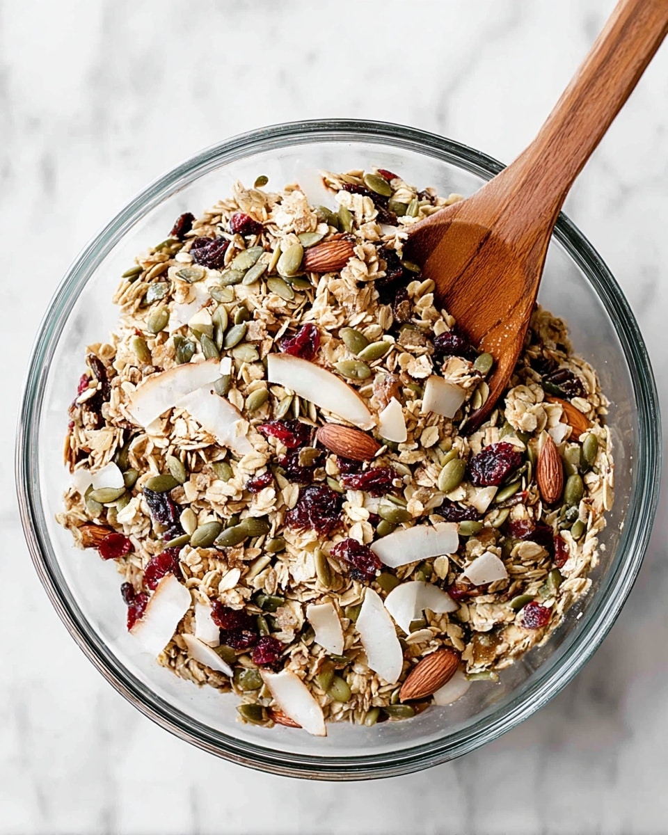 A clear glass bowl filled with a mix of granola showing many layers including light brown oats, green pumpkin seeds, white almond slices, dark raisins, red dried cranberries, and large cream-colored coconut flakes scattered evenly. Sitting inside the bowl is a wooden spoon partially buried in the granola mix. The bowl is placed on a surface with a white marbled texture. photo taken with an iphone --ar 4:5 --v 7