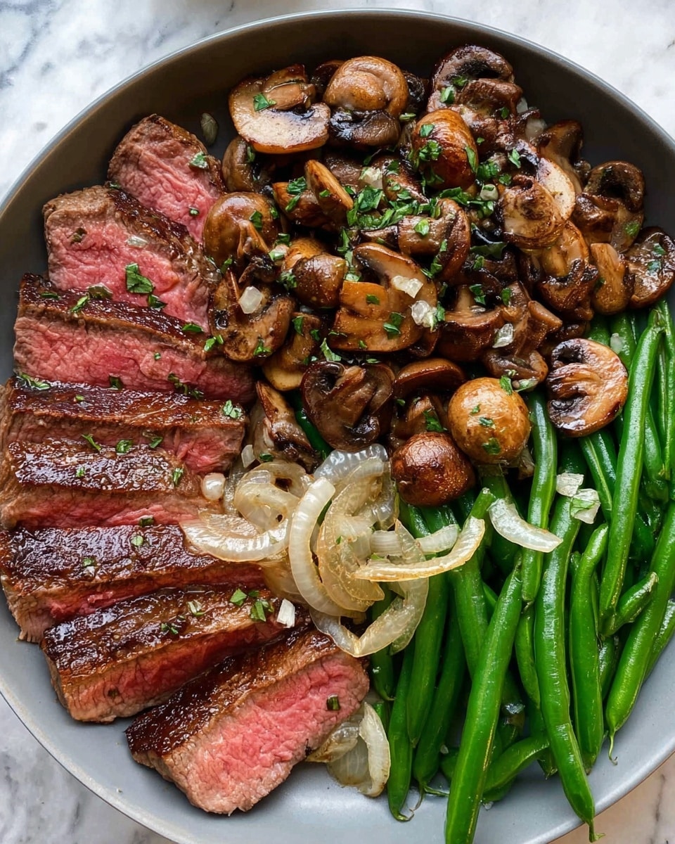 A white plate holds a beautifully arranged meal with three main layers: the first layer consists of green beans placed vertically along the right side, topped with scattered slices of light brown cooked onions and small bits of melted butter. The second layer is a medium-rare steak cut into thick slices, showing a pink center and browned edges, lying next to the green beans and partially covered by the third layer. The third layer is a generous heap of cooked mushroom slices that are golden brown with some darker hues, sprinkled with finely chopped green herbs, mostly gathered at the top and overlap slightly onto the steak. The background is a white marbled surface. Photo taken with an iphone --ar 4:5 --v 7