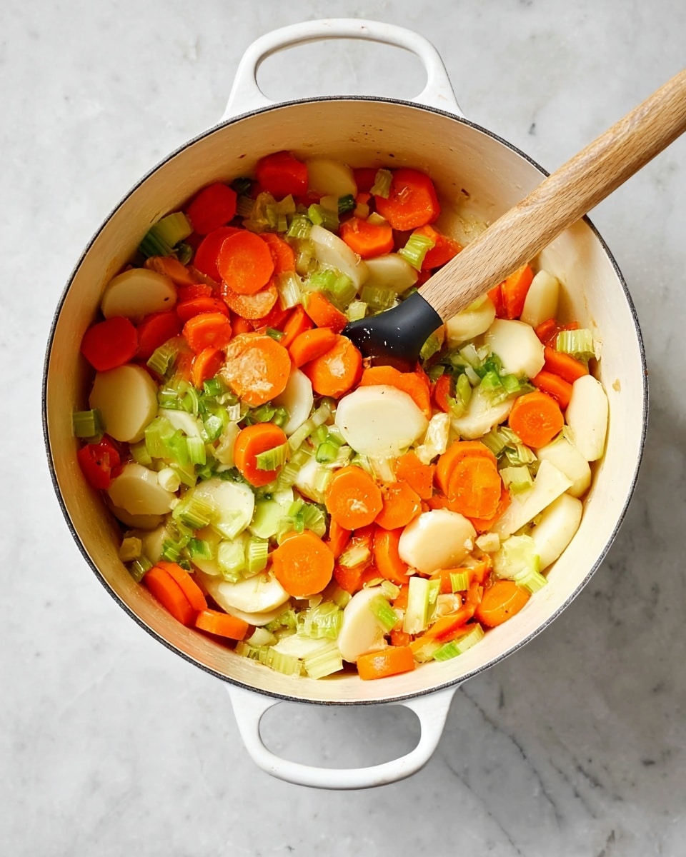 A white pot filled with three layers of fresh chopped vegetables: bright orange round carrot slices, thick pale beige parsnip slices, and light green celery pieces mixed with small bits of onion and garlic, all stirred by a wooden spoon with a black silicone head resting inside the pot. The pot is set on a white marbled surface. photo taken with an iphone --ar 4:5 --v 7
