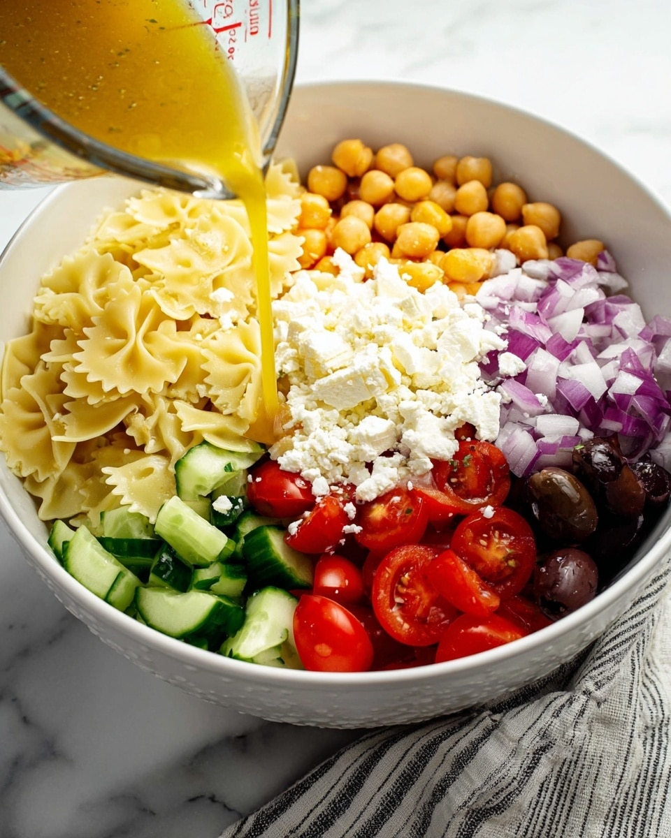 A white bowl with seven visible layers starting from top left: light yellow farfalle pasta, orange chickpeas, bright red halved cherry tomatoes, green cucumber slices, purple finely chopped red onions, dark brown olives, and a center pile of crumbly white feta cheese. A yellow dressing is being poured over the feta cheese from a glass measuring cup. The bowl is placed on a white marbled surface with a gray and white striped cloth nearby. photo taken with an iphone --ar 4:5 --v 7