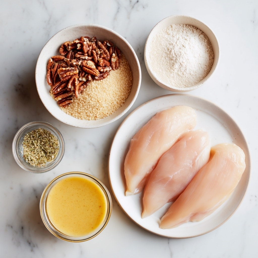 The image shows several ingredients arranged neatly on a white marbled surface. On the right, there is a white plate with four raw chicken cutlets, pale pink and smooth. Above the plate, a small white bowl contains white all purpose flour with a powdery texture. To the left, a shallow white bowl is divided into two parts: one side holds coarse brown pecans, while the other side has light beige panko breadcrumbs, both with rough textures. Below the bowl of pecans and breadcrumbs, there is a small clear glass jar containing green onion salt with a fine, granular texture. At the bottom of the image, a white bowl holds honey mustard sauce, smooth and creamy with a yellow-orange color. Each ingredient is clearly labeled with dark green text boxes and white letters. Photo taken with an iphone --ar 4:5 --v 7