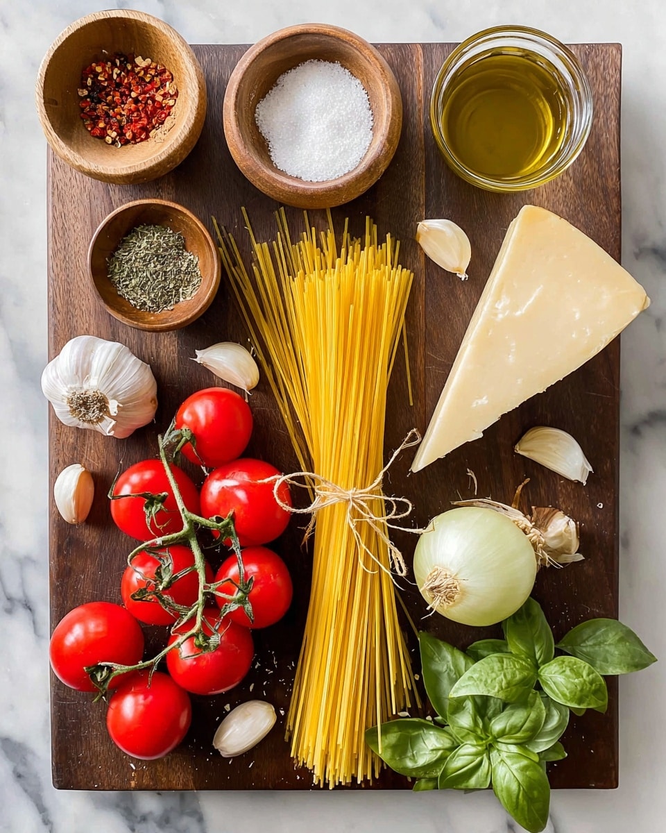 A dark wooden cutting board on a white marbled surface holds several cooking ingredients neatly arranged: a tied bundle of uncooked yellow spaghetti in the center, bright red cherry tomatoes on green stems covering the bottom left, a whole pale yellow onion and a large triangular wedge of pale hard cheese on the top right. Scattered green basil leaves and a small bunch are near the bottom right. Small bowls and garlic cloves fill the top left and center areas, including a wooden bowl with red chili flakes, a glass bowl of white salt, another wooden bowl with dried herbs, a white bowl filled with olive oil, and three garlic cloves, one partially broken open. Photo taken with an iphone --ar 4:5 --v 7