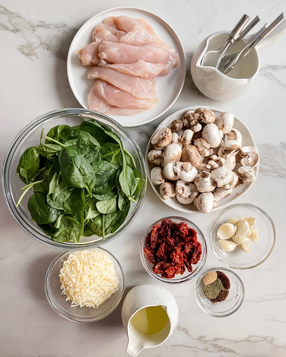 The image shows a white marbled surface holding several clear glass bowls and white plates arranged in a neat layout. On the left, a large glass bowl is filled with fresh green spinach leaves. Next to it are two white plates stacked with pale pink raw chicken fillets. To the right, another large glass bowl contains many halved brown mushrooms with white insides. Below the mushrooms is a smaller glass bowl with finely grated pale yellow cheese, followed by a similar bowl filled with dark red sun-dried tomatoes. A set of small clear bowls on the far right hold peeled white garlic cloves and a mix of colorful spices including red, black, green, and beige. Two white ceramic measuring cups with grey handles contain light golden olive oil and a creamy white liquid, placed near the front. The items are evenly spaced, creating a clean and organized presentation photo taken with an iphone --ar 4:5 --v 7