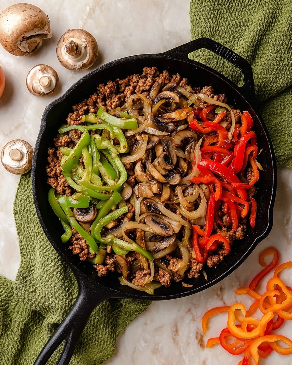 The image shows a black cast iron skillet filled with three main layers: the bottom layer is cooked ground meat in small crumbly pieces with a brown color, the middle layer has soft, translucent cooked onion strips, and the top layer is made up of bright green and red bell pepper strips mixed with sliced mushrooms that have a light and dark brown texture. The skillet is placed on a white marbled surface with a folded green textured towel nearby, and some whole and sliced peppers, onion, and a mushroom are scattered around. Photo taken with an iphone --ar 4:5 --v 7