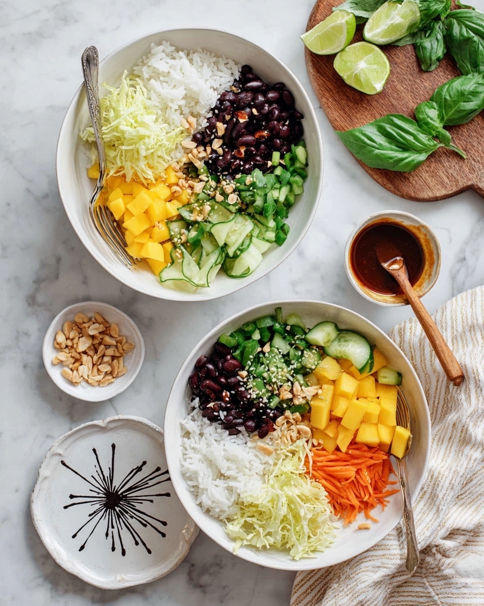 Two white bowls are filled with fresh ingredients on a white marbled surface. Each bowl has six layers arranged side by side: a fluffy white rice layer in one section, next to pale yellow shredded cabbage, bright yellow diced mango, thinly sliced green cucumber, thin orange carrot slices, dark black beans, and chopped green vegetables sprinkled with white sesame seeds and small bits of toasted nuts. One bowl has a silver fork inside. Nearby, a small white bowl holds dark brown sauce with a small wooden spoon in it, and a white plate with an abstract black star design holds chopped nuts. A wooden board with fresh green basil leaves and half a lime is visible on the right side. A white cloth with beige stripes sits next to the bowls. Photo taken with an iphone --ar 4:5 --v 7