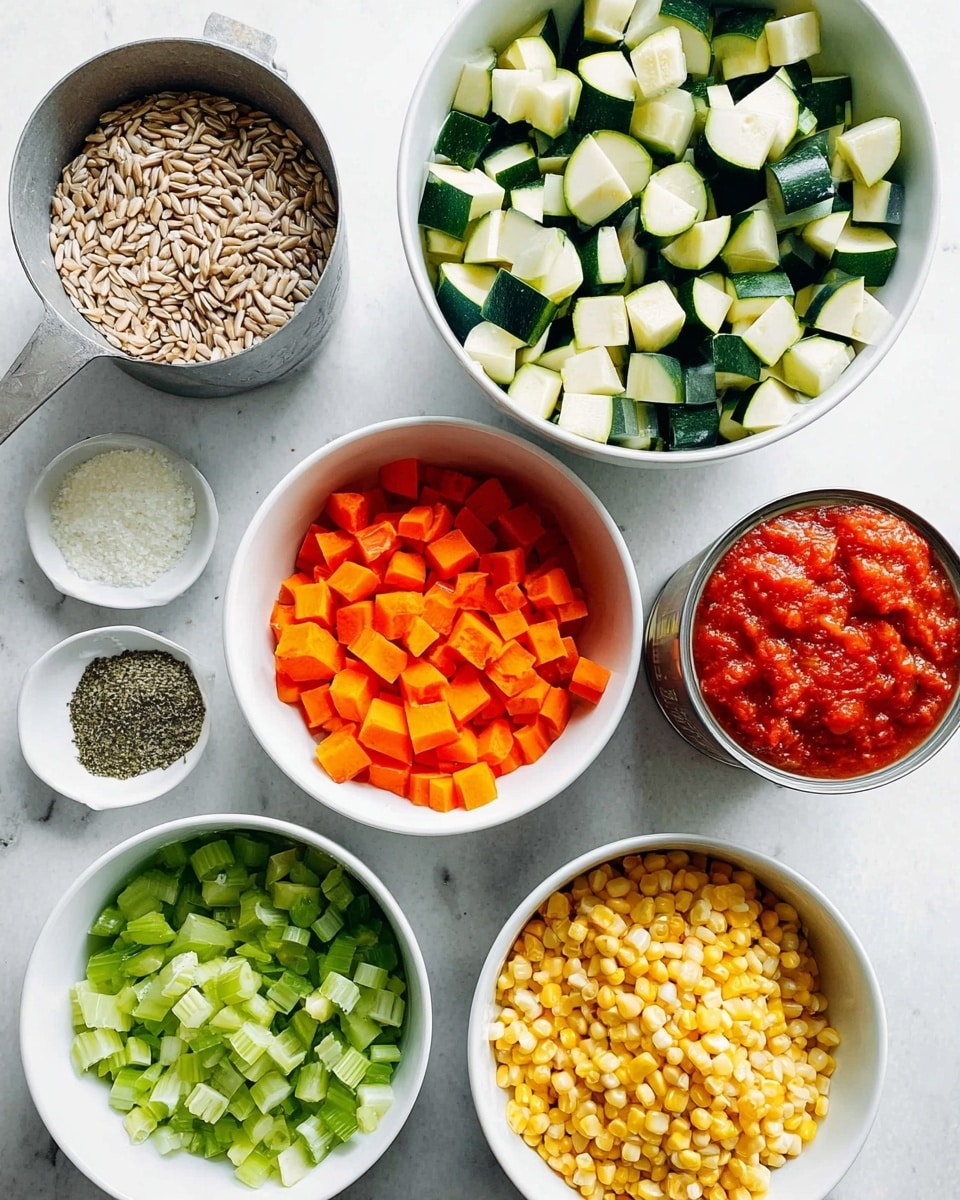 The image shows a top view of several round white bowls and a can on a white marbled surface, each filled with different fresh ingredients. Starting at the top right, there is a large bowl filled with chopped green zucchini with white flesh showing and darker green skin. To the left of it is a metal measuring cup filled with light brown sunflower seeds. Below that cup is a large white bowl divided into two equal parts: one filled with small orange carrot cubes, and the other with small light green celery pieces. Below and to the right is another large white bowl filled with yellow corn kernels. To the far right is an open can of red crushed tomatoes, slightly tilted to show the chunky texture. Below the corn bowl is a small white dish with finely chopped white garlic, and another small white plate holding three sections of seasonings—white salt, green dried basil or oregano, and black pepper. The layout is clean and organized, showing fresh and colorful raw ingredients ready for cooking, photo taken with an iphone --ar 4:5 --v 7
