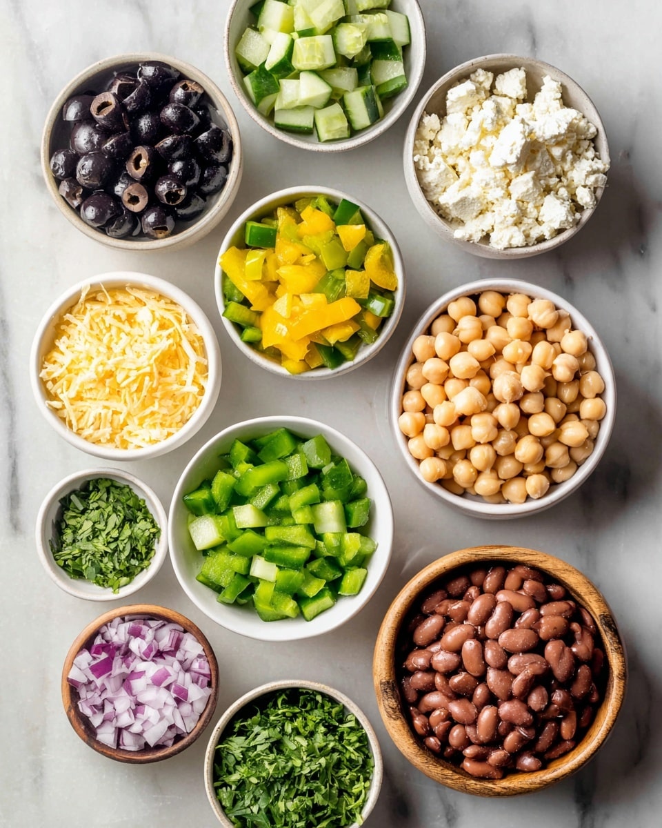 The image shows a top-down view of several small white bowls arranged on a white marbled surface, each filled with different fresh salad ingredients: black olives sliced in halves with a dark shiny black color; chopped cucumber pieces that are light green and juicy; small yellow bell pepper cubes bright and vibrant; crumbled white feta cheese with a crumbly texture; light beige chickpeas round and smooth in a larger wooden bowl; diced green bell pepper pieces vivid green in a bowl; a larger white bowl filled with glossy brown pinto beans; finely chopped fresh parsley leaves bright green in a small wooden bowl; and finely chopped shallots in a small white bowl showing light purple and white colors. The colors and textures are fresh and bright, and everything is neatly arranged. Photo taken with an iphone --ar 4:5 --v 7