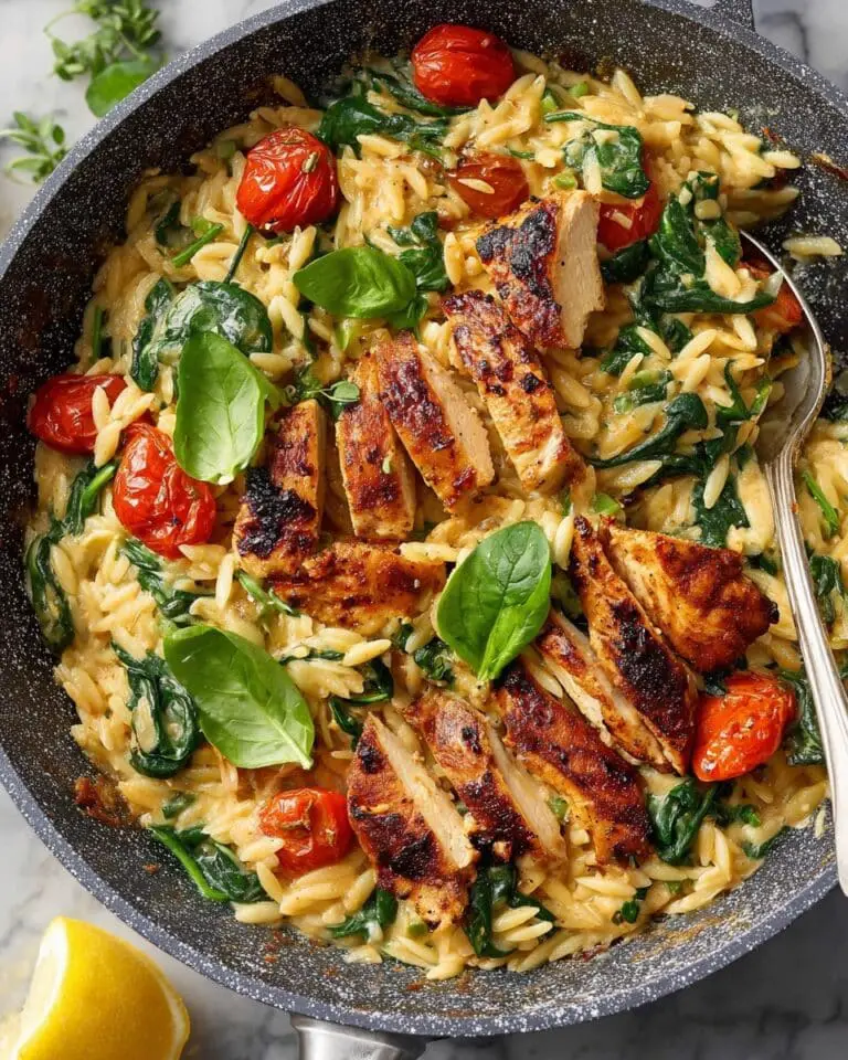Creamy Chicken and Orzo with Cherry Tomatoes, Spinach, and Basil Pesto Recipe