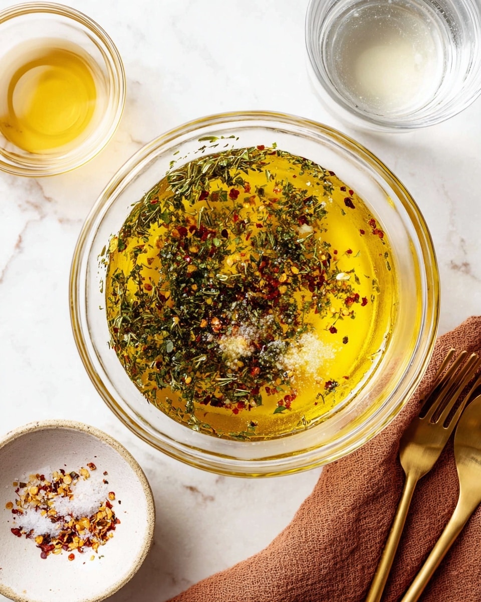 A clear glass bowl sits on a white marbled surface filled with a mix of yellow olive oil and green herbs scattered throughout, along with small piles of red chili flakes, white granulated seasoning, and other finely chopped herbs creating varied textures and colors within the liquid. Around the bowl, there is a small clear bowl with a light golden liquid, a larger white bowl half visible, and a glass of water. A brown cloth napkin is folded neatly at the bottom right corner, and gold-toned cutlery is partially visible at the top. photo taken with an iphone --ar 4:5 --v 7