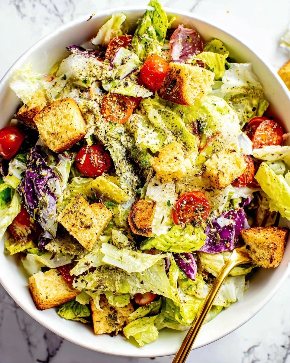 This image shows a white bowl filled with a fresh salad with many layers. The bottom layer has light green and pale yellow lettuce leaves mixed with some darker purple cabbage leaves scattered around. On top of this, there are bright red cherry tomato halves adding a pop of color. There are also golden brown toasted bread croutons spread evenly throughout the salad. The whole salad is sprinkled with a mix of herbs and seasoning that give a speckled green and black look. A gold fork is resting inside the bowl on the right side, partially buried in the salad. The bowl is placed on a white marbled surface. Photo taken with an iphone --ar 4:5 --v 7