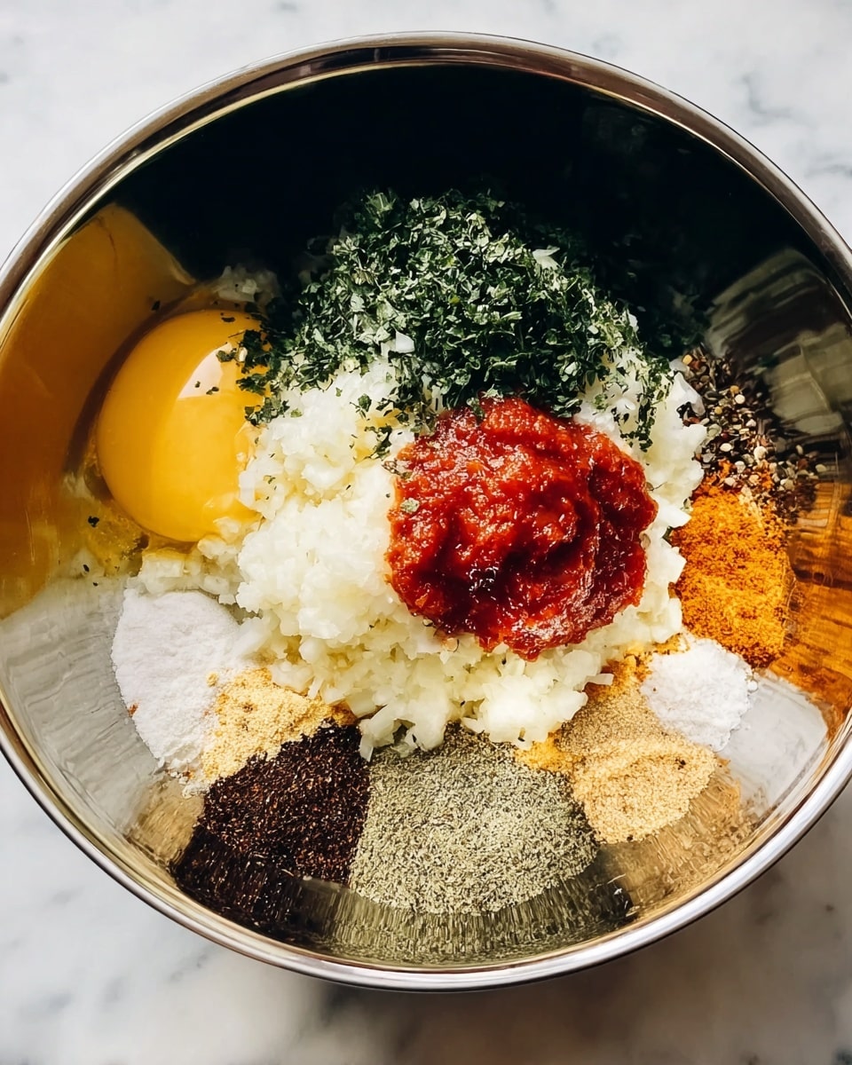 A shiny steel bowl sits on a white marbled surface, filled with several layers of ingredients. At the base, there is a yellow layer resembling an egg yolk. On one side, there is a large mound of finely chopped white onions. Next to the onions is a pile of dark green chopped herbs. In the center is a dollop of bright red paste, likely tomato paste. Surrounding these are various powders and spices in light beige, white, orange, and dark brown tones, all evenly spread out but separate from each other, creating a colorful patchwork inside the bowl. Photo taken with an iphone --ar 4:5 --v 7