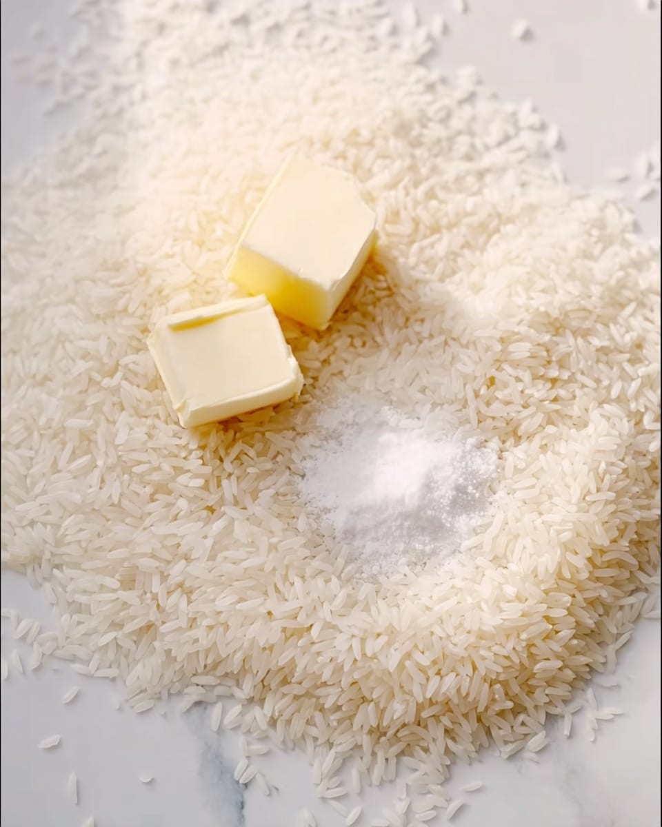A close-up view of white rice grains spread out in a pile on a white marbled surface, with two small cubes of pale yellow butter placed near the center, and a small mound of white salt positioned between the butter cubes, showing a simple and clean arrangement with soft lighting. photo taken with an iphone --ar 4:5 --v 7