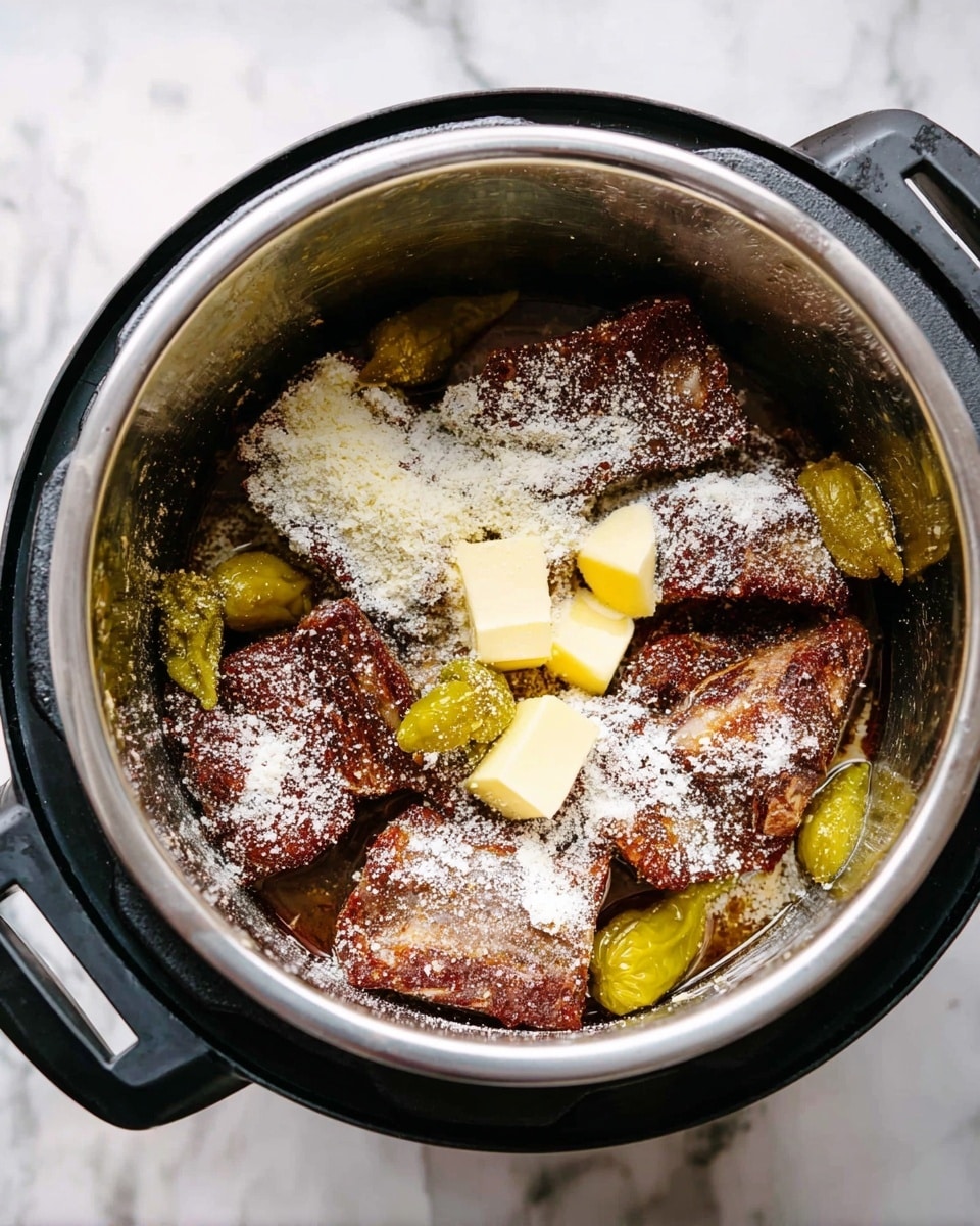 Inside a metal pot, several browned pieces of meat are placed at the bottom, with a light dusting of white powder on top. On the meat, there are a few small cubes of pale yellow butter and several whole green pickled peppers scattered around. The pot has a black rim and handles, and it sits on a white marbled surface. photo taken with an iphone --ar 4:5 --v 7