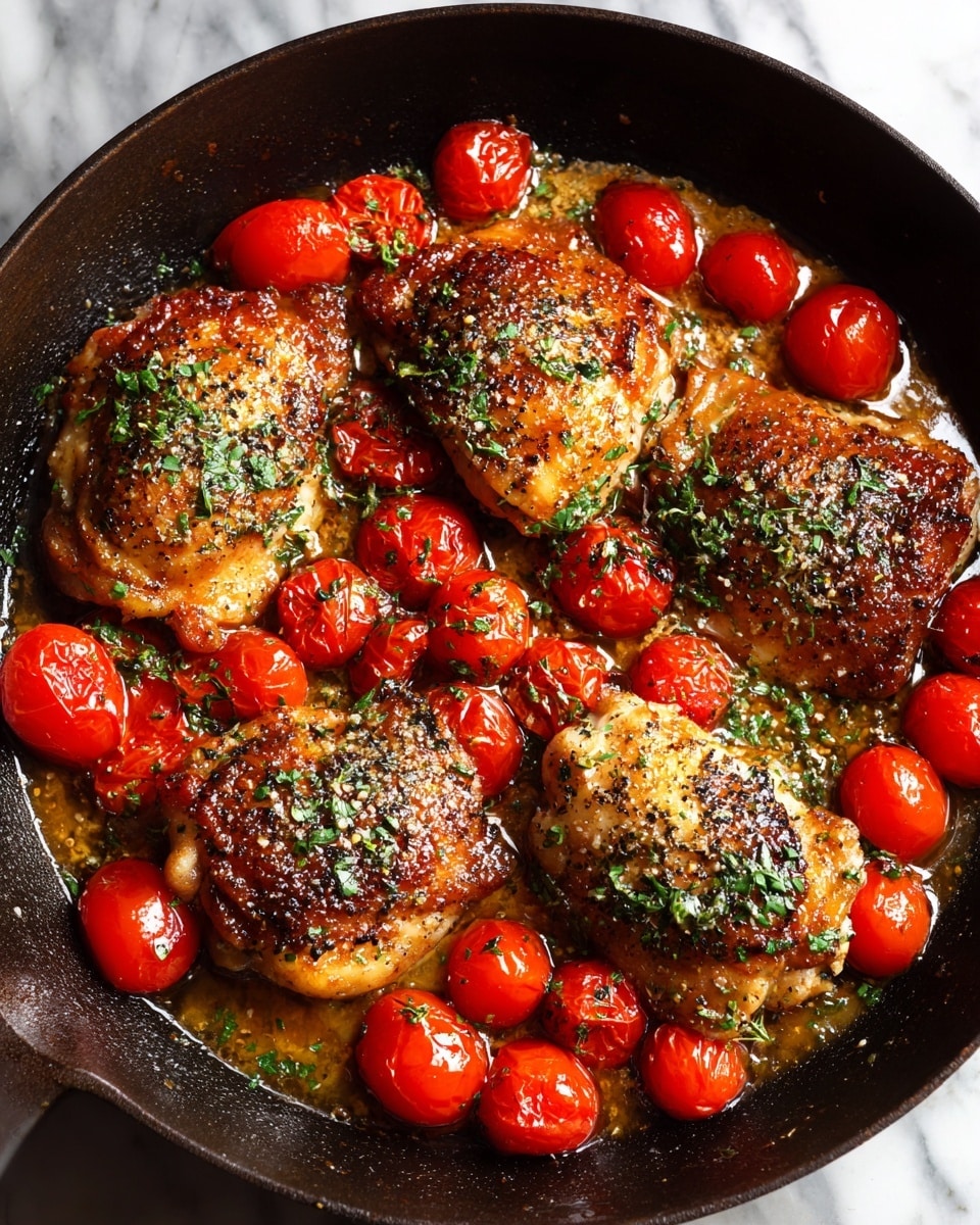 The image shows a pan filled with four golden-brown cooked chicken pieces, sprinkled with dried herbs and black pepper. They are surrounded by many shiny, red cherry tomatoes that are soft and bursting in places, releasing a rich sauce around the chicken. The colors are warm with the chicken's golden surface contrasting against the bright red tomatoes. The textures include the slightly crispy chicken skin and the juicy, tender tomatoes. The pan is placed on a white marbled surface. photo taken with an iphone --ar 4:5 --v 7