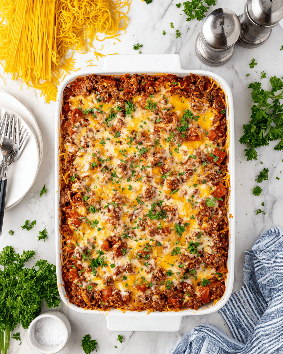 A white baking dish filled with a layered casserole showing a top layer of melted yellow and white cheese mixed with browned ground meat and chunks of red tomato sauce, garnished with bright green chopped parsley. The casserole has a textured, slightly crispy top with melted cheese stretching over the meat and sauce beneath. Around the dish, there is uncooked yellow spaghetti, a white plate holding forks with black handles, scattered parsley leaves, a gray pepper grinder, a white salt bowl, and a blue and white striped cloth on a white marbled surface. photo taken with an iphone --ar 4:5 --v 7