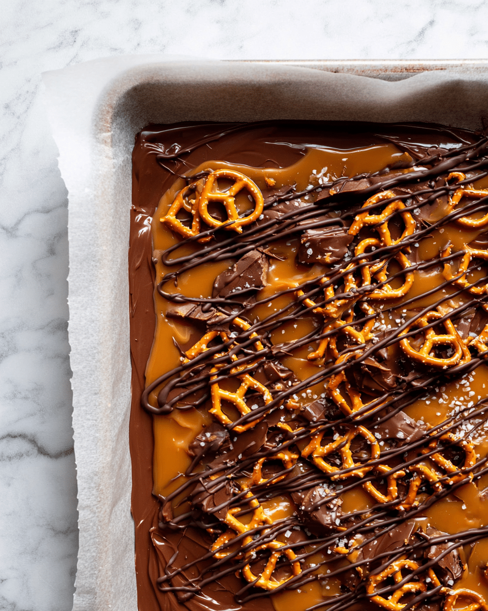 The image shows a baking pan lined with parchment paper on a white marbled surface. Inside the pan, there is one base layer of melted dark chocolate spread unevenly with thick, smooth, and shiny texture. On top of this, there is a layer of caramel dripping over pretzels, giving a golden, glossy look. The pretzels are scattered evenly, showing their orange-brown color and twisted shape. Another thin layer of dark chocolate is drizzled on top in crisscross patterns, adding a textured, swirled effect over the caramel and pretzels. photo taken with an iphone --ar 4:5 --v 7