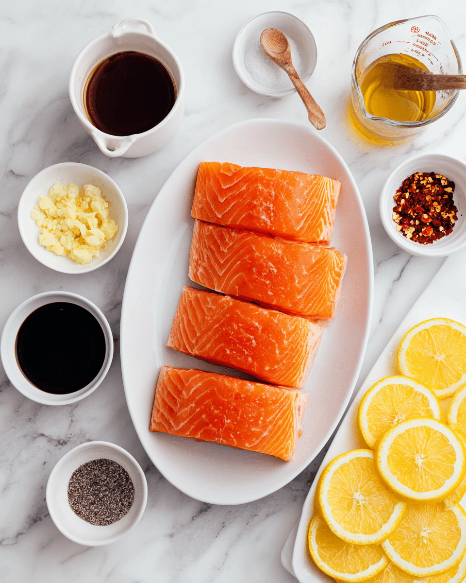 The image shows four thick pieces of raw salmon with bright orange and light pink layers, neatly placed side by side on a white oval plate, set on a white marbled surface. Around the salmon are small white bowls and glass containers filled with different ingredients: a bowl with a dark brown sauce, a bowl with finely chopped garlic in pale yellow, a small bowl with red chili flakes and a wooden spoon resting inside, a glass measuring cup with a dark soy sauce, a glass cup with a golden liquid, and small white bowls with salt and black pepper. In the lower right corner, there is a white plate filled with layers of thinly sliced lemon rounds showing their bright yellow color and white edges. photo taken with an iphone --ar 4:5 --v 7