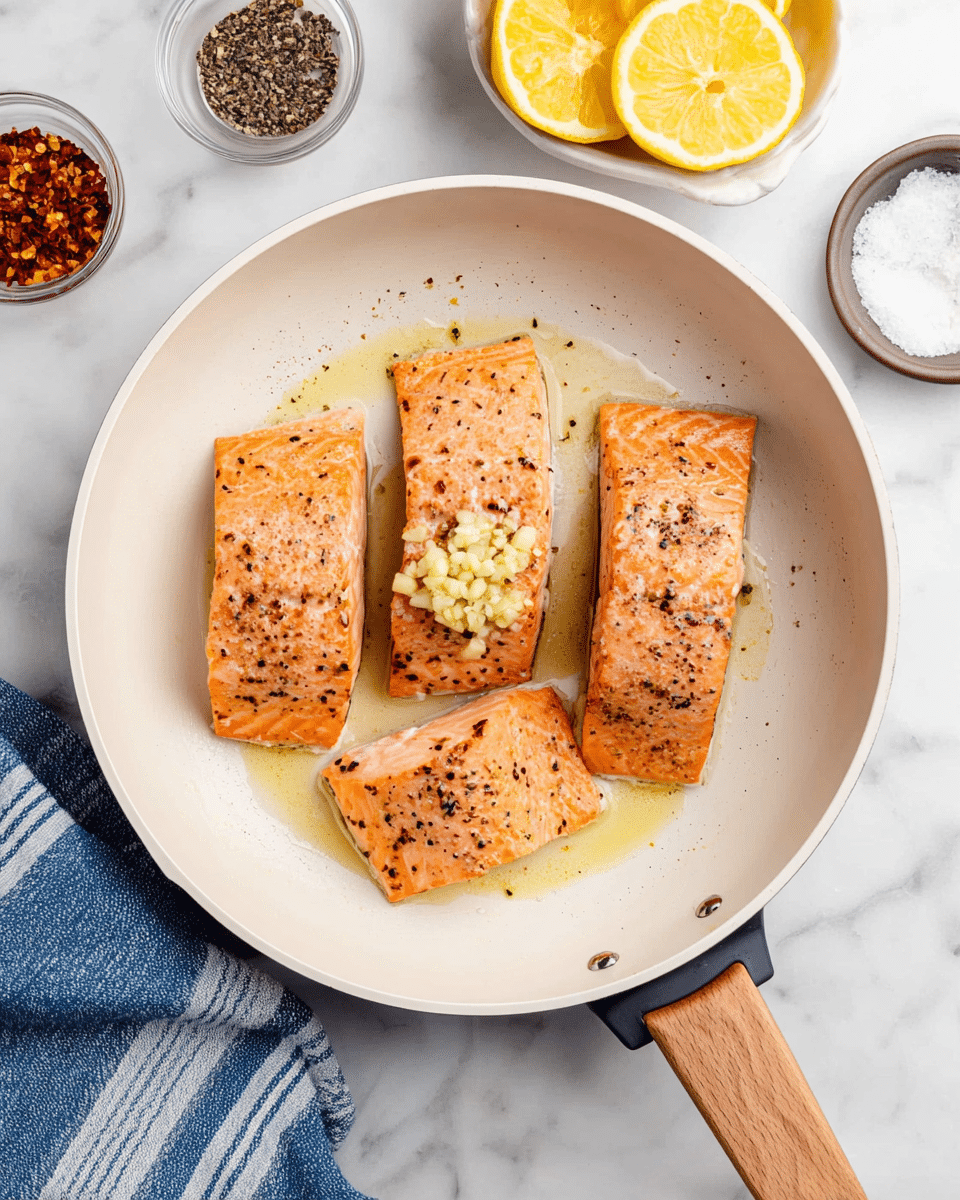 A white frying pan with a light wooden handle contains four cooked salmon fillets with a pink-orange color and black pepper seasoning on top. One fillet in the middle is topped with a layer of chopped garlic. There is a small amount of oil around the fillets giving a slight shine. The pan is placed on a white marbled surface. Around the pan, there are a bowl of sliced yellow lemons on the top right, a small bowl of red chili flakes on the top left, and small containers of salt and black pepper on the bottom right. A blue and white striped cloth is partially visible on the bottom left. photo taken with an iphone --ar 4:5 --v 7