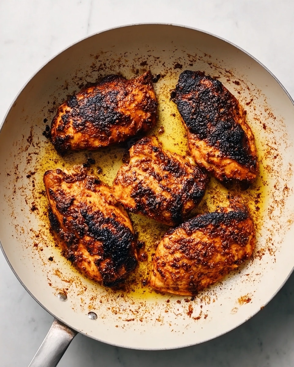 Inside a white cooking pan, there are four pieces of cooked chicken with dark brown and charred areas, giving a crispy look. The chicken pieces have an orange-red spice coating mixed with black spots where they are more cooked. The pan’s surface has small patches of cooked spices and oil stains around the chicken. The pan sits on a white marbled surface. photo taken with an iphone --ar 4:5 --v 7