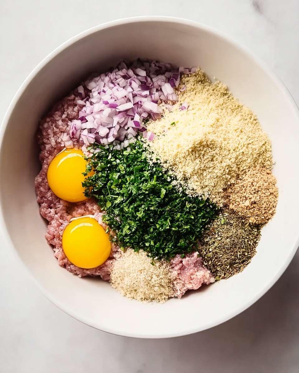 A white bowl sits on a white marbled surface filled with several ingredients arranged separately in layers. At the bottom left, two raw egg yolks with a shiny yellow color rest near a soft pink layer of raw ground meat. On the upper right side, bright green chopped herbs cover part of the meat. To the right, finely chopped purple onions create a textured layer. Near the center, a pile of light beige breadcrumbs adds a grainy texture on top of the meat. To the right of the breadcrumbs, different spices in brown, black, and light tan shades form a small mix. The ingredients look fresh and ready to be mixed. Photo taken with an iphone --ar 4:5 --v 7