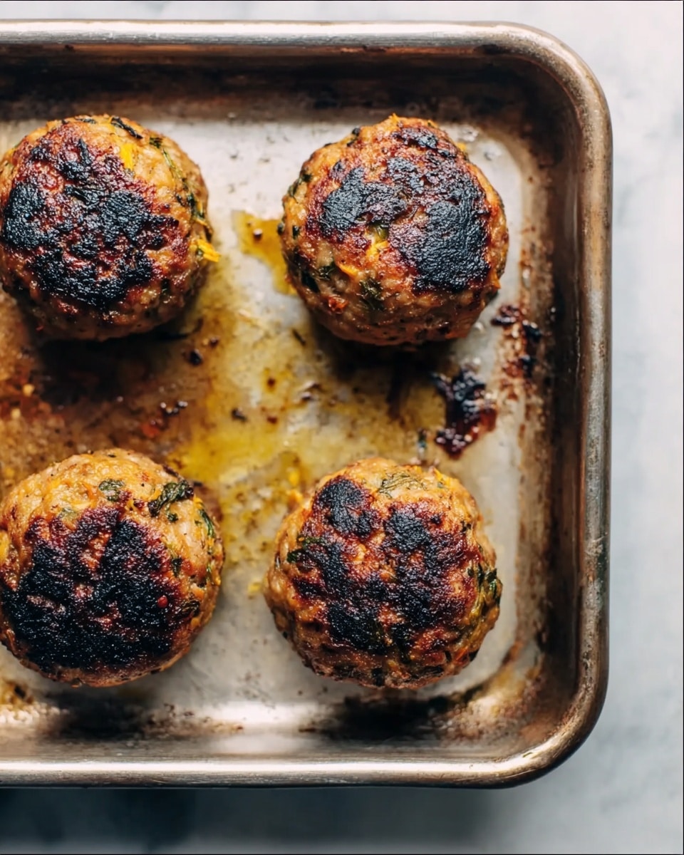 Four cooked meatballs with a rough surface and dark brown char marks on top rest spaced evenly inside a metal baking pan. The pan shows baked-on oil splatters and some burnt bits around the meatballs on a white marbled surface beneath it. The meatballs are golden-brown with some orange and green specks showing bits of herbs or vegetables photo taken with an iphone --ar 4:5 --v 7