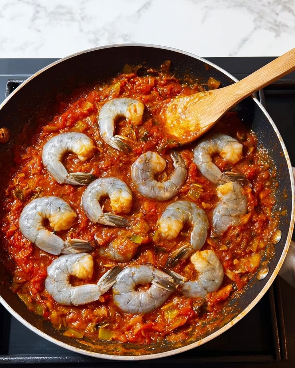 A large black frying pan holds a rich, chunky red tomato sauce with visible pieces of yellow and green vegetables mixed throughout. On top of the sauce, there are about ten raw shrimp arranged in a circular pattern, their grayish-blue bodies and tails clearly visible. A wooden spoon rests gently on the shrimp in the pan. The pan sits on a stove with a white marbled surface around it. photo taken with an iphone --ar 4:5 --v 7