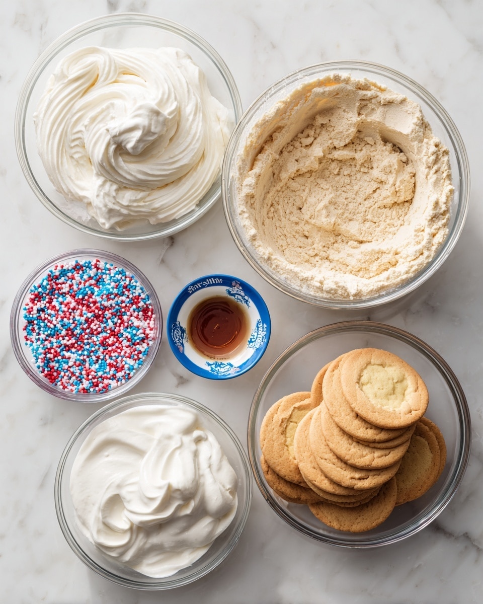The image shows six clear glass bowls arranged on a white marbled surface. At the top right is a large bowl filled with light beige dry cake mix with a slightly rough texture. To its left is a medium bowl of smooth, white Cool Whip with soft swirls. Below these, on the left side, is a smaller bowl filled with colorful round sprinkles in red, white, and blue. Next to the sprinkles is a tiny bowl with a small amount of dark amber vanilla liquid. At the bottom left is another medium bowl holding creamy, pale white vanilla yogurt with soft peaks, and on the bottom right is a large bowl stacked with round, golden-brown cookies labeled