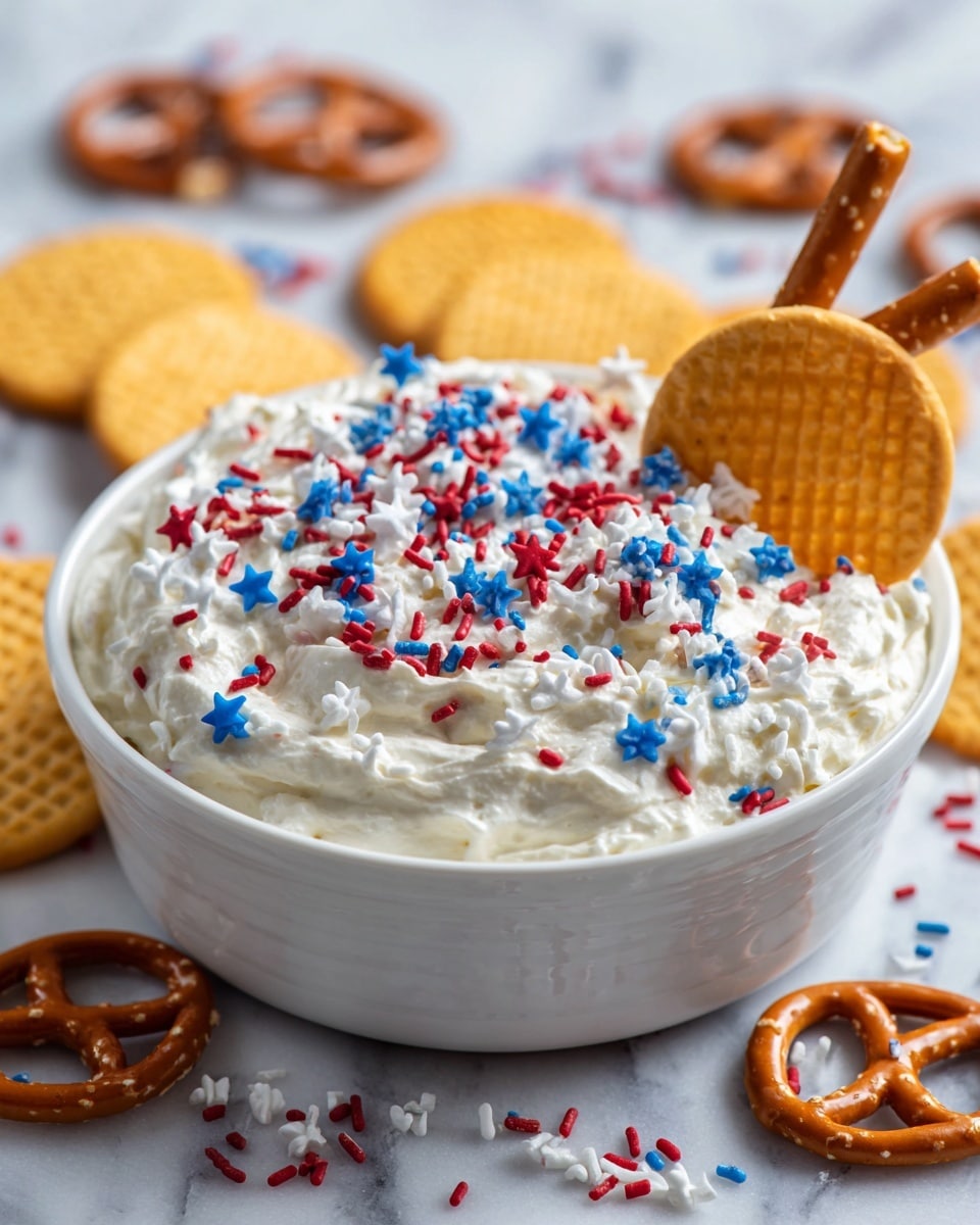 A white bowl filled with smooth, creamy white dip covered in red, white, and blue star and rod-shaped sprinkles. Two round, light brown waffle cookies are partially dipped into the dip, sticking out of the bowl on the right side. Around the bowl on a white marbled surface, there are several whole round yellow vanilla wafers, brown teddy bear crackers, and small pretzels, some also topped with red, white, and blue sprinkles. The dip looks thick and fluffy, with the sprinkles adding colorful texture on top. Photo taken with an iphone --ar 4:5 --v 7