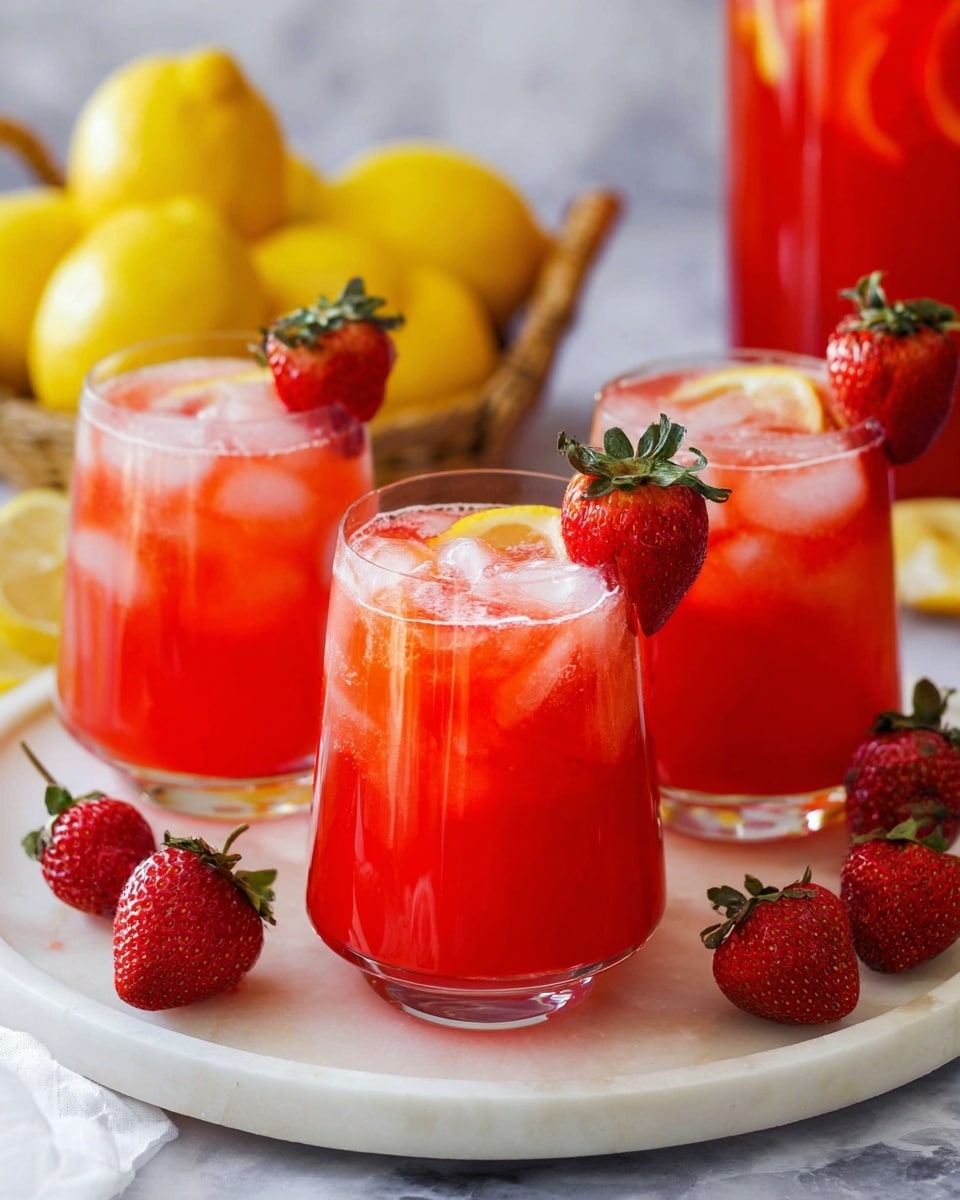 Three clear glasses filled with bright red strawberry drink layered with ice cubes, each glass garnished with a fresh red strawberry with green leaves on the rim. Inside the drinks, there are visible lemon slices adding a touch of yellow. The glasses are placed on a round white tray with a slightly textured surface. Several fresh strawberries lay scattered at the base of the tray. In the blurred background, there is a basket filled with bright yellow lemons resting on a white marbled surface. photo taken with an iphone --ar 4:5 --v 7