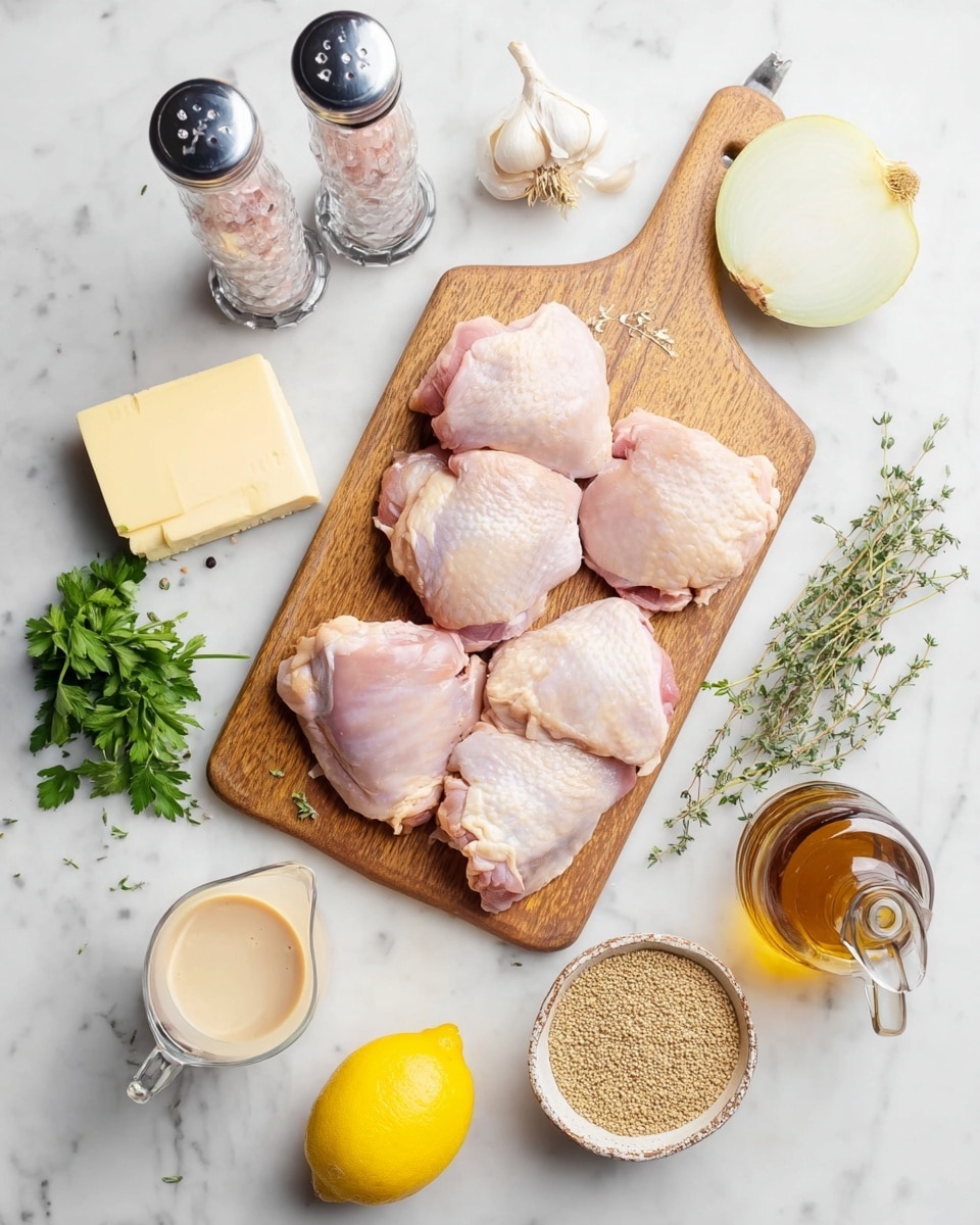 On a wooden cutting board placed on a white marbled surface, there are six raw chicken thighs piled with pale pink flesh and some white fat visible. Around the board, there are two tall clear grinders filled with pink salt and black pepper at the top left, a stick of unsalted butter and a whole white onion at the top right, and a small bunch of fresh green parsley near them. To the right of the board, there are three sprigs of fresh thyme and a bulb of garlic. Below, a small glass jug holds a creamy white liquid next to a bright yellow lemon, a small glass pitcher with brown liquid, and a round bowl filled with grainy mustard. A small oil bottle with a long neck and a stopper sits at the top right corner. The whole scene is bright and clean. photo taken with an iphone --ar 4:5 --v 7