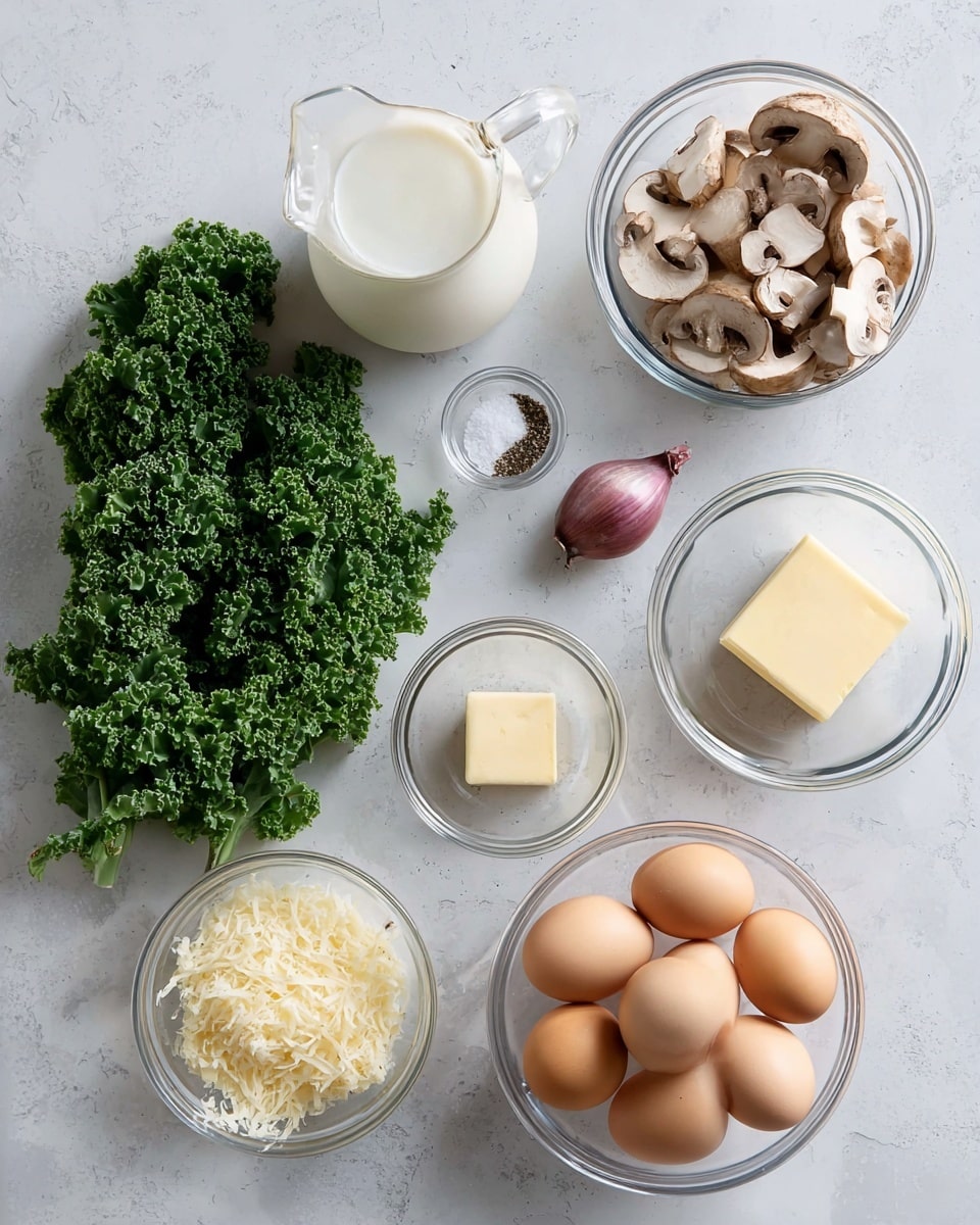 A top-down view shows ingredients neatly arranged on a white marbled surface: a bunch of fresh, bright green kale with curly leaves sits on the left center; a small glass pitcher of white milk is placed at the top left corner, while to its right is a small clear bowl with white salt and brown pepper. Below that, a small clear bowl with a square piece of pale yellow butter sits near the center. At the top right, a clear bowl holds several sliced brown mushrooms with light and dark brown shades. Near the bottom right, another clear bowl contains seven whole light brown eggs. Below the kale, a small shallot with purple skin and a peeled garlic clove lie side by side. A small clear bowl filled with grated pale yellow cheese is centered near the bottom. The overall layout is simple and clean, with natural colors and glass bowls highlighting the fresh ingredients photo taken with an iphone --ar 4:5 --v 7