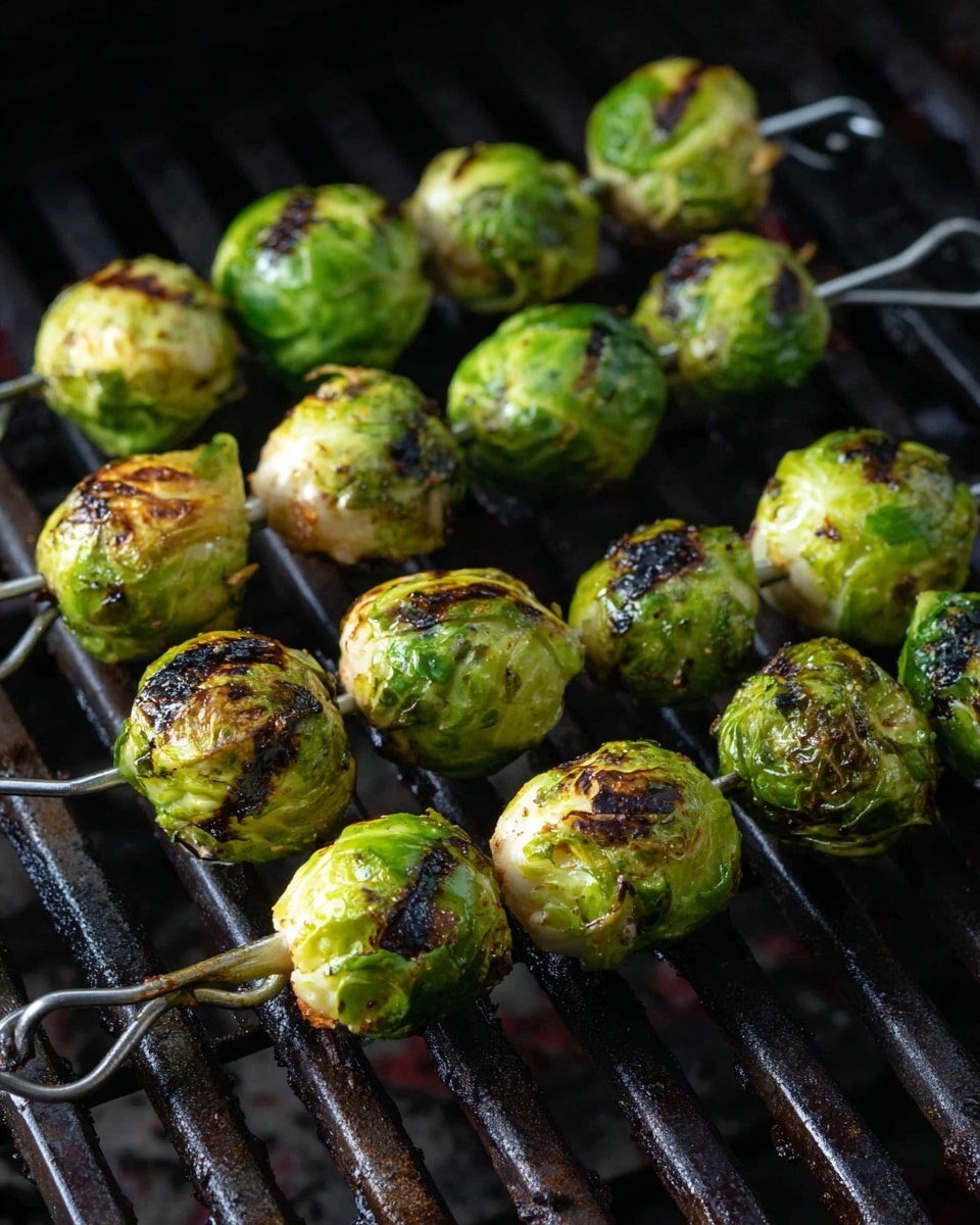 Several small green Brussels sprouts are skewered on three metal sticks, each holding about five to six sprouts. The Brussels sprouts have charred black grill marks and browned spots on their outer leaves, showing they are cooked on a grill. The metal skewers have a loop at one end. The grill bars beneath are dark and cast shadows, contrasting with the bright green and golden brown of the Brussels sprouts. photo taken with an iphone --ar 4:5 --v 7