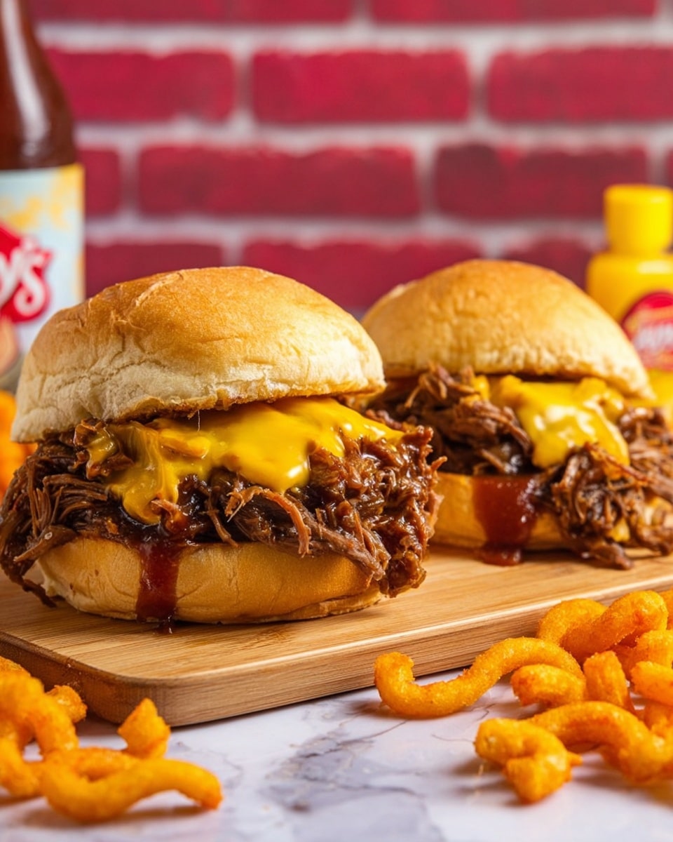 Two pulled beef sandwiches sit side by side on a wooden board. Each sandwich has a toasted, lightly browned bun with a soft, textured top. Inside, there is a thick layer of shredded beef covered with melted yellow cheese that drips down the sides. Some thick brown sauce mixes with the cheese and meat layers. Around the board and foreground are bright orange curly fries scattered loosely on a white marbled surface. In the background, there is a bottle with a red label and a small yellow container, all set against a blurred reddish brick wall. Photo taken with an iphone --ar 4:5 --v 7
