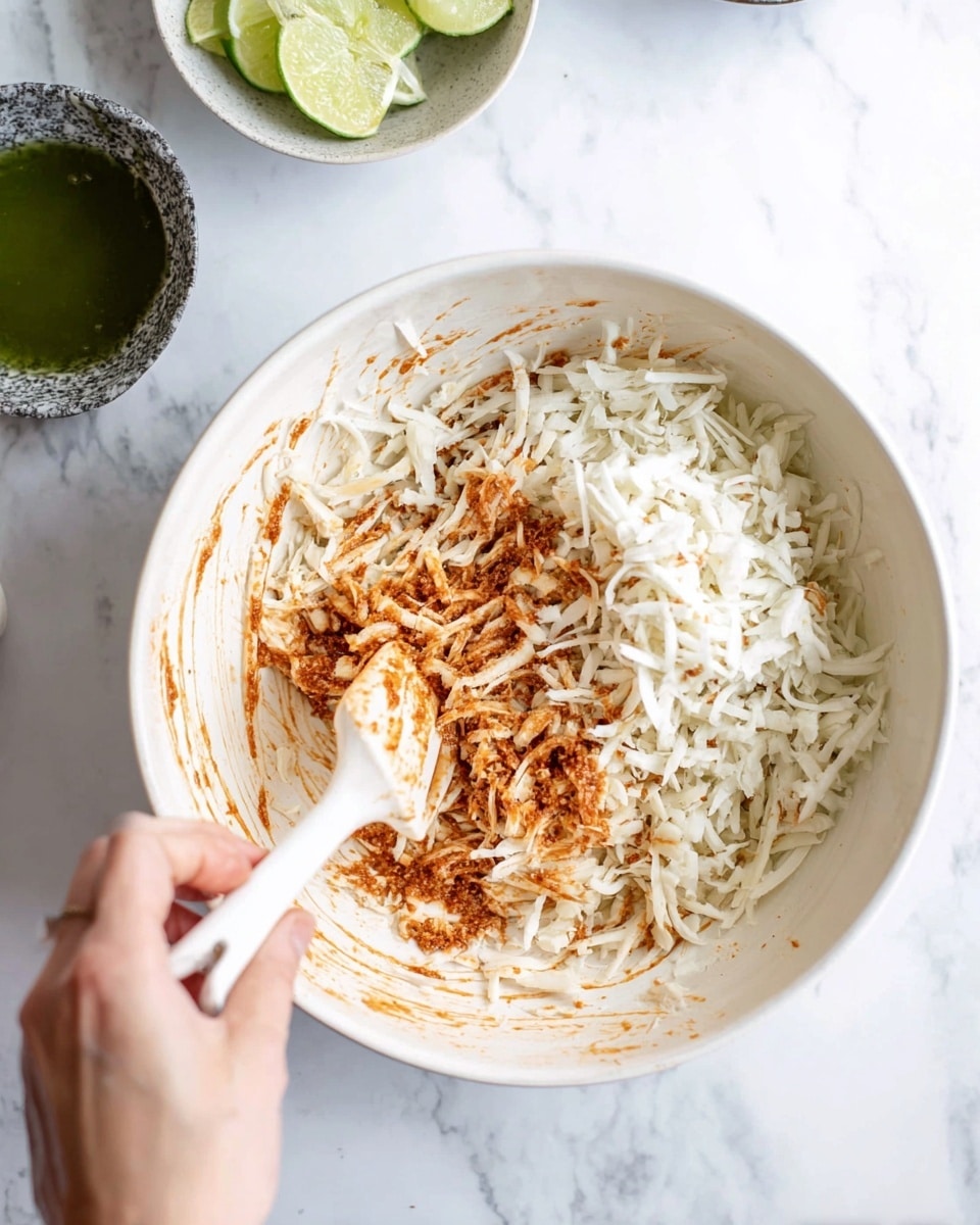A white bowl sits on a white marbled surface, filled with shredded white pieces mixed with a reddish-brown paste mainly gathered in the center and right side of the bowl, with some raw white shredded pieces on the left. A woman's hand holds a white spatula that is stirring the mixture inside the bowl, creating streaks of the reddish paste on the bottom surface of the bowl. Nearby on the white marbled surface are two small bowls; one has green liquid and the other contains sliced lime wedges. Photo taken with an iphone --ar 4:5 --v 7