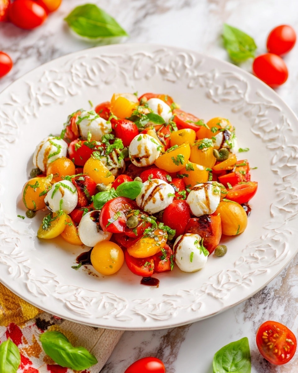 A white plate with a raised floral pattern holds a colorful salad made of two layers: the bottom layer is cut yellow and red cherry tomatoes, half or quartered, showing their juicy inside with a glossy texture; the top layer has small white mozzarella balls drizzled with balsamic glaze and sprinkled with thin slices of fresh green basil and small green capers, creating a fresh and vibrant mix, all placed on a white marbled surface with scattered whole cherry tomatoes and basil leaves around. photo taken with an iphone --ar 4:5 --v 7