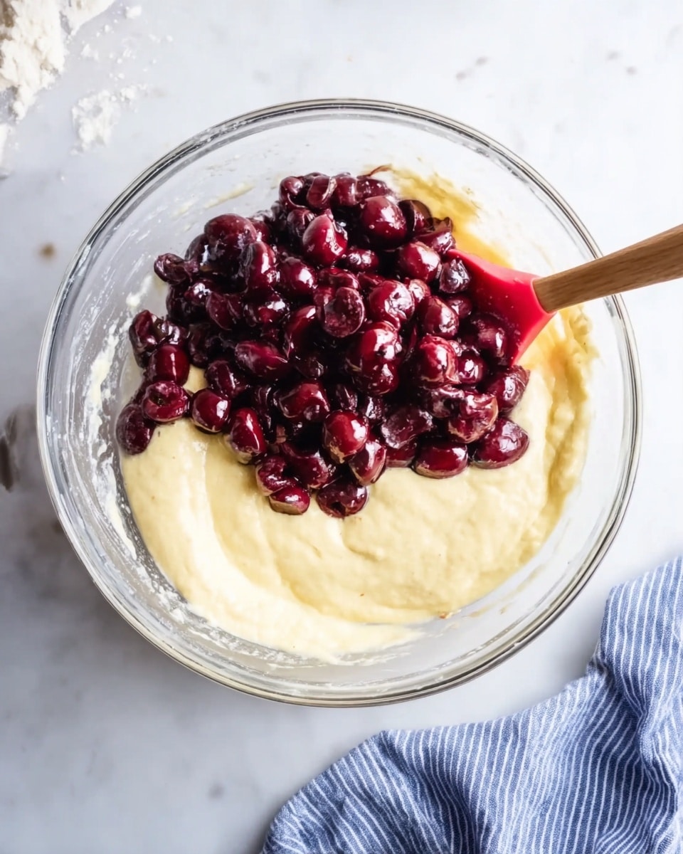 A clear glass mixing bowl sits on a white marbled surface, filled halfway with two layers inside. The bottom layer is a smooth, creamy, pale yellow batter with a soft texture. On top of the batter, there is a heap of dark red halved cherries that look juicy and shiny. A wooden spoon with a red silicone tip rests in the bowl, partially mixing the cherries into the batter. Next to the bowl, a blue striped cloth adds contrast to the bright setting. Photo taken with an iphone --ar 4:5 --v 7