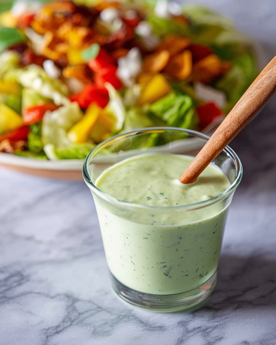 A clear glass cup filled with a smooth light green creamy sauce with small dark green flecks inside, and a wooden spoon resting diagonally inside the sauce; in the blurred background, a white plate is stacked with colorful ingredients including green lettuce, diced red and yellow vegetables, brown crispy pieces, and white crumbly bits, all set on a white marbled surface photo taken with an iphone --ar 4:5 --v 7