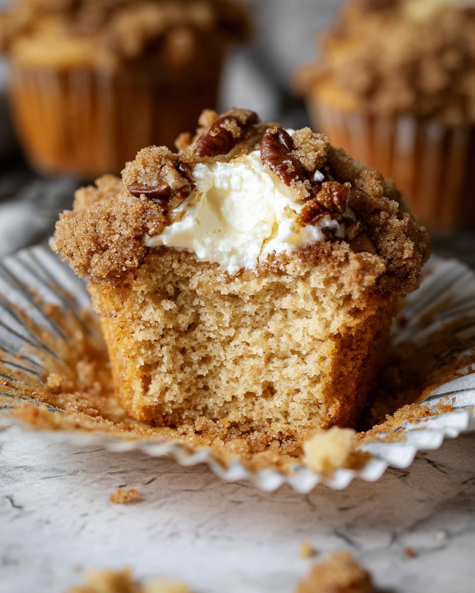 The image shows a close-up of a crumb-topped muffin with a soft, light brown inside and a crumbly, darker brown topping. There are pieces of pecans embedded in the crumb topping, adding texture and darker brown color. A white creamy layer is visible inside the muffin near the top center. The muffin rests on a white and gray striped paper liner on a white marbled surface. Part of another muffin and scattered crumbs are blurred in the background, creating a cozy and inviting scene. Photo taken with an iphone --ar 4:5 --v 7