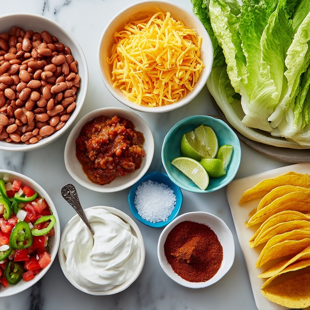 The image shows an arrangement of taco ingredients on a white marbled surface. There is a large white bowl filled with cooked pinto beans in the upper left corner, next to a bunch of fresh romaine lettuce leaves in bright green on the top right. To the center-left, a white bowl is filled with shredded yellow cheddar cheese. Below that, a smaller white bowl contains colorful pico de gallo with red tomatoes, green peppers, and white onions. In the middle, a white bowl holds chunky reddish-brown salsa, and to its right, a small white bowl carries lime wedges in green and pale yellow. Just below the lime, a small blue bowl shows a pile of coarse white salt. Near the bottom center, a bowl with swirled white sour cream is visible with a spoon resting in it. To the right of the sour cream, two small white bowls contain smoky paprika powder in deep red. On the far right, a white rectangular plate holds a neat stack of curved, yellow prepared taco shells. photo taken with an iphone --ar 4:5 --v 7