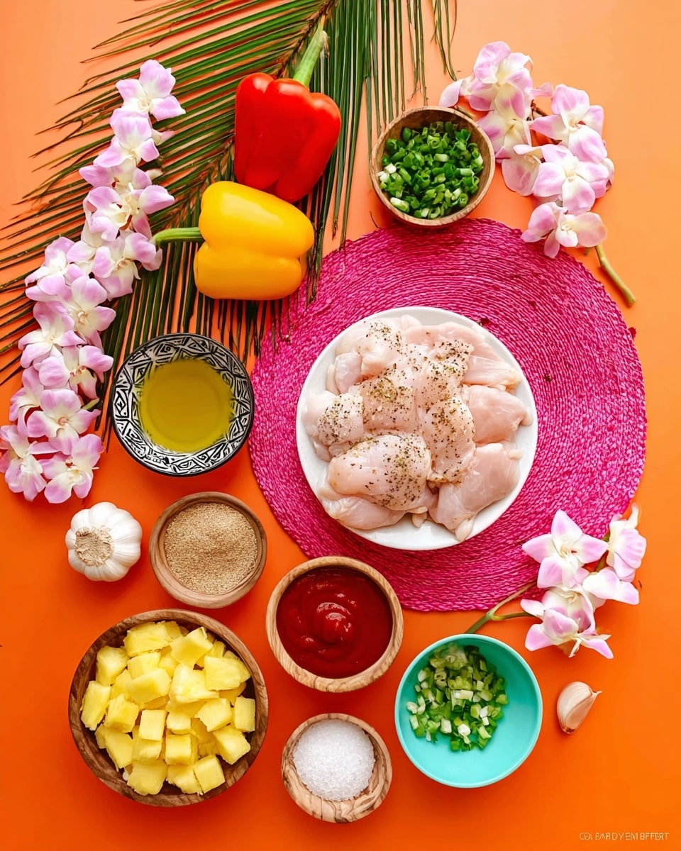 The image shows a flat layout of fresh ingredients arranged on a white marbled surface with a bright orange background. In the center, a white bowl sits on a bright pink woven circular mat, filled with several pieces of pale raw chicken seasoned with black pepper. Around it, there are small bowls and items: a small white bowl with golden oil, a small patterned black and white bowl with chopped green onions, a wooden bowl filled with diced pale yellow pineapple, a red bowl with brown sugar, a small white bowl with bright red ketchup, a small wooden bowl with light brown powder, and a small turquoise bowl with white salt. There are also whole garlic bulbs and cloves near the bowl with chicken. Two bell peppers, one yellow and one red, rest on the left side with green leaves and white and pink orchid flowers scattered around the setup. Photo taken with an iphone --ar 4:5 --v 7