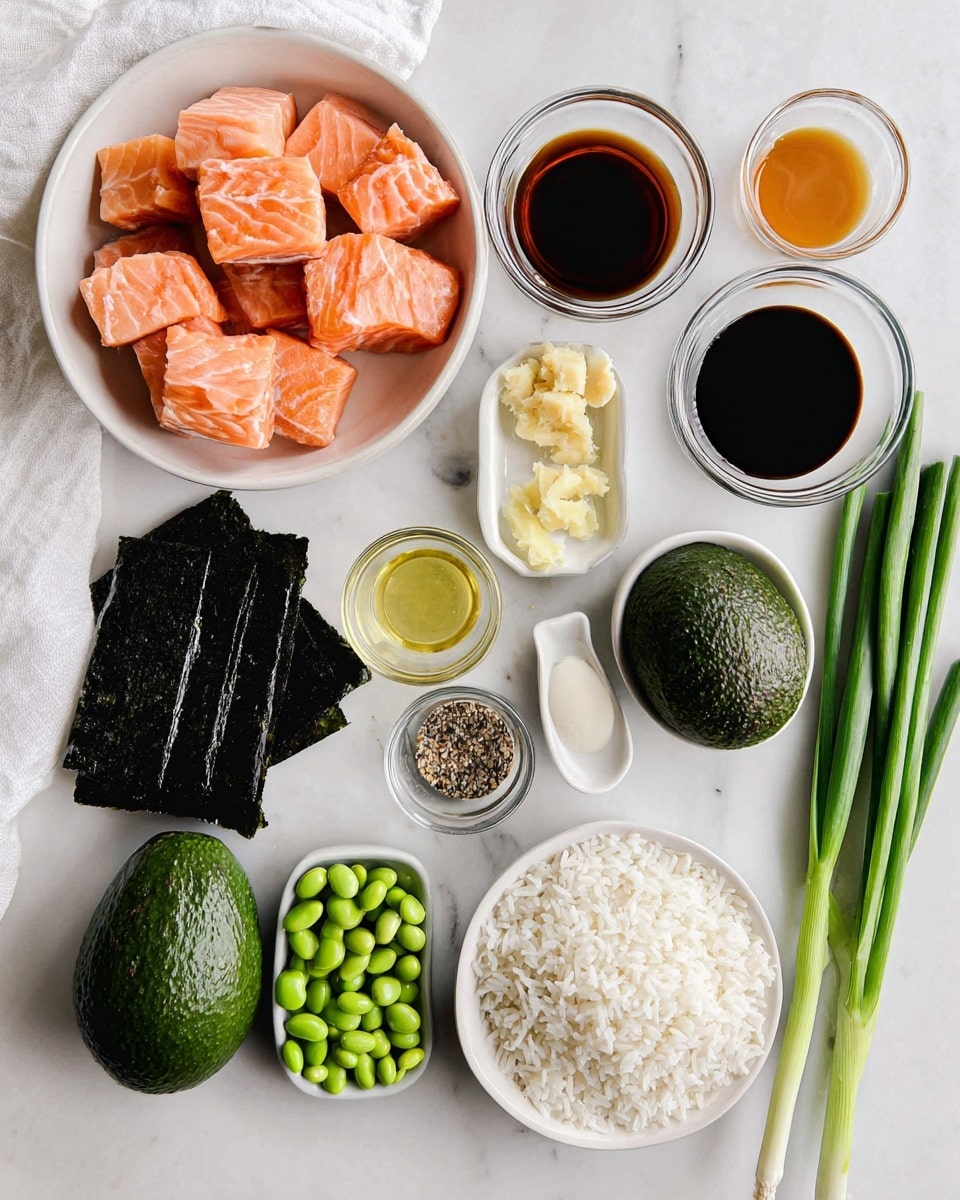 The image shows raw, cubed pink-orange salmon with white lines in a white bowl on the top left. To the right of it, there are three small clear glass bowls with dark brown soy sauce, light yellow vinegar, and amber liquid, plus two tiny clear bowls with light yellow ginger and off-white garlic paste. Below are two whole dark green avocados and three small dark green cucumbers aligned diagonally. A round bowl filled with white sushi rice with a soft texture is on the bottom right. Around are bright green scallions, a small white bowl with mixed dark seasoning, a white bowl with bright green edamame beans, a white bowl with light pink sauce, and dark rectangular sheets of seaweed in clear plastic packaging. All items sit on a white marbled surface with a white cloth visible in the upper left corner. Photo taken with an iphone --ar 4:5 --v 7